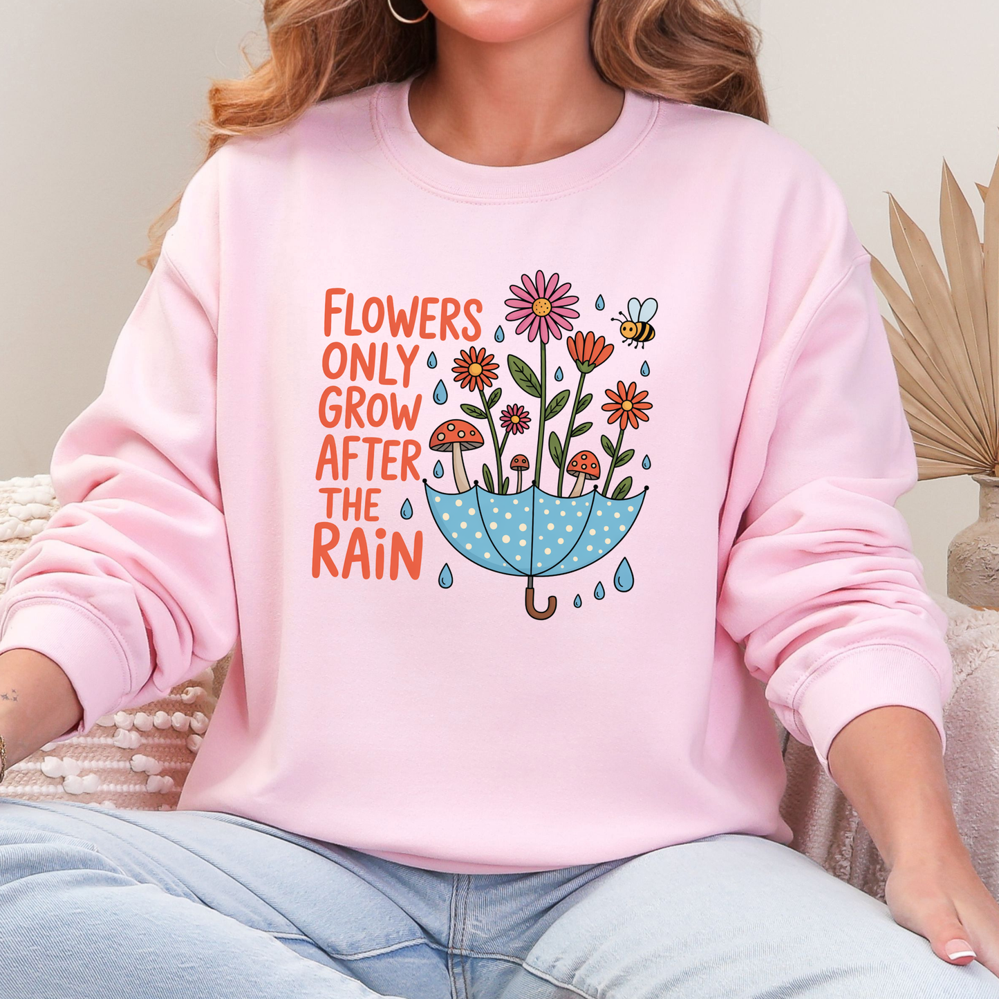 Wholesale Flowers Grow After Rain Sweatshirt - Light Pink Sweatshirt