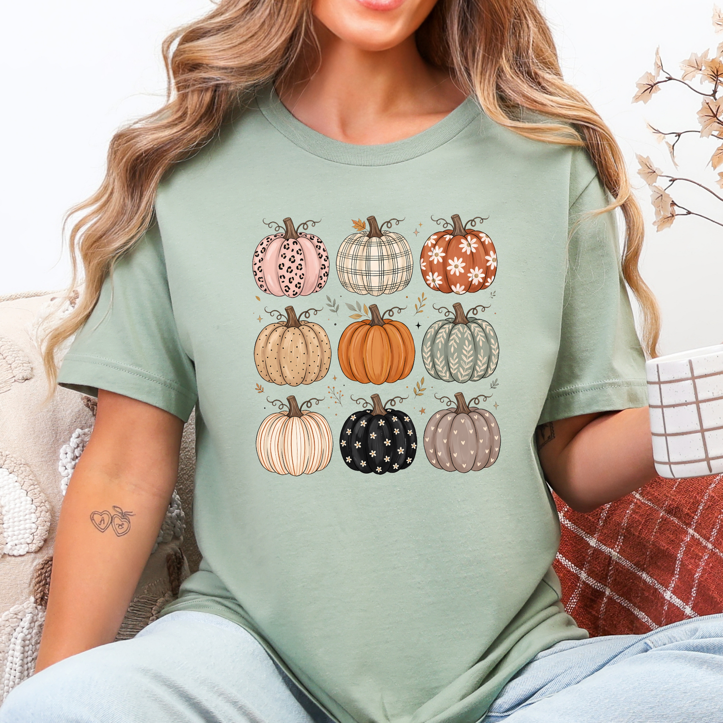 Wholesale Pumpkin Grid Graphic Tee - Sage