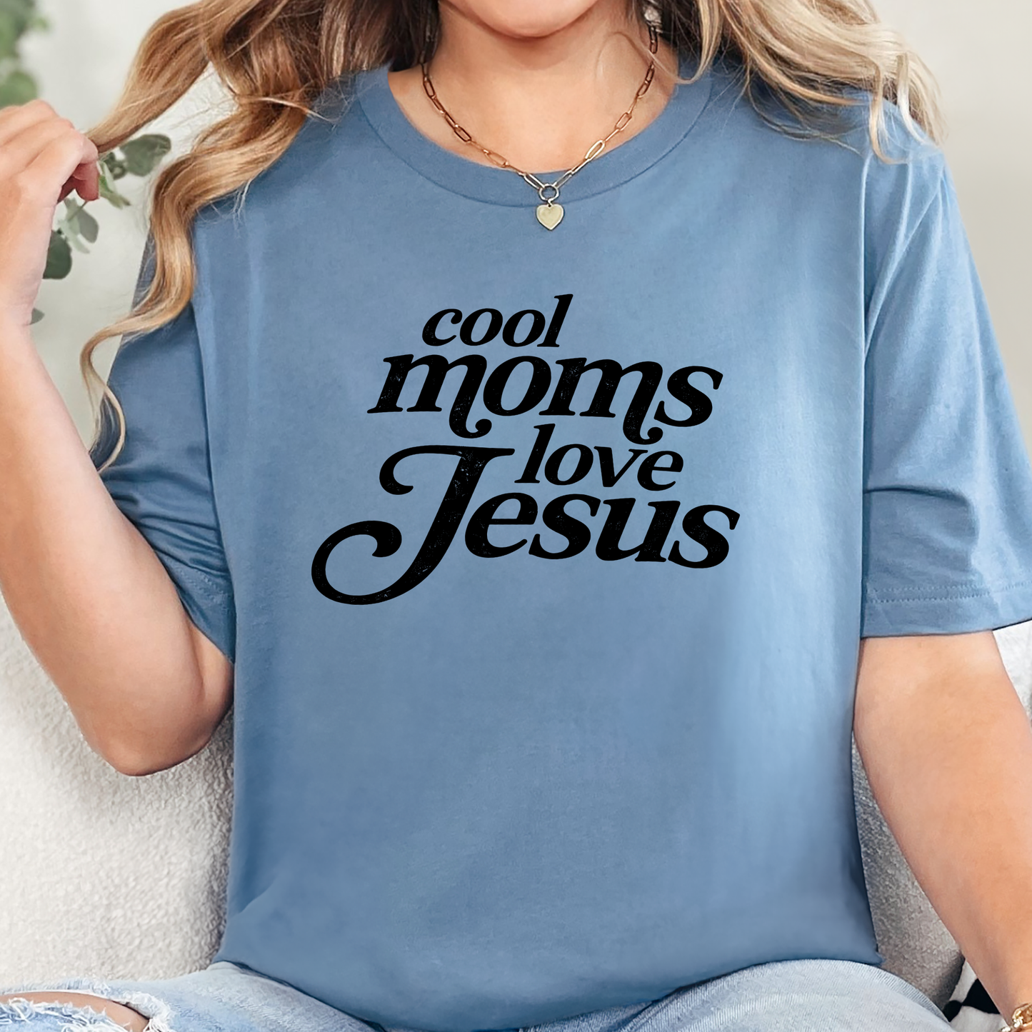 Wholesale Cool Moms Love Jesus Black Graphic Tee - Steel Blue