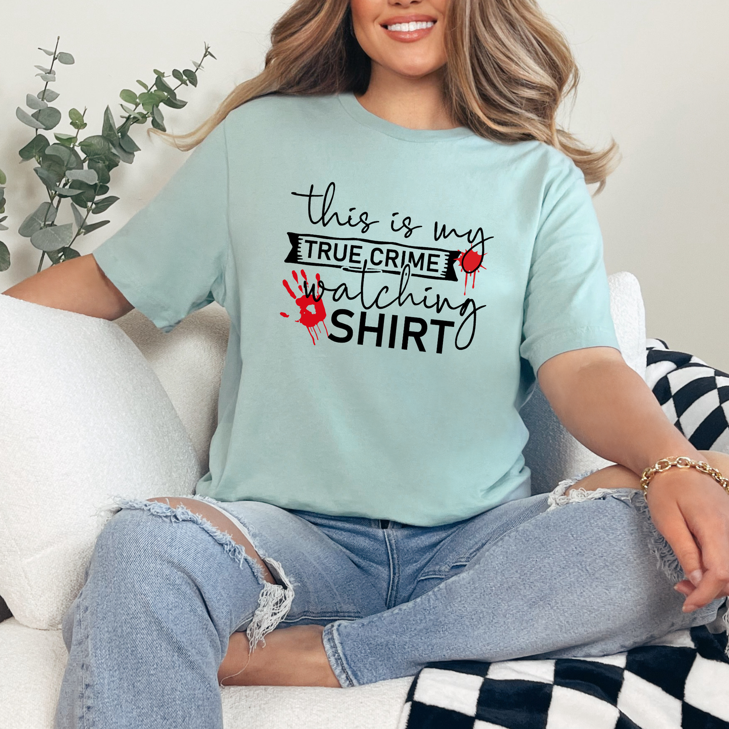 Wholesale True Crime Watching Shirt Graphic Tee - Dusty Blue Tee
