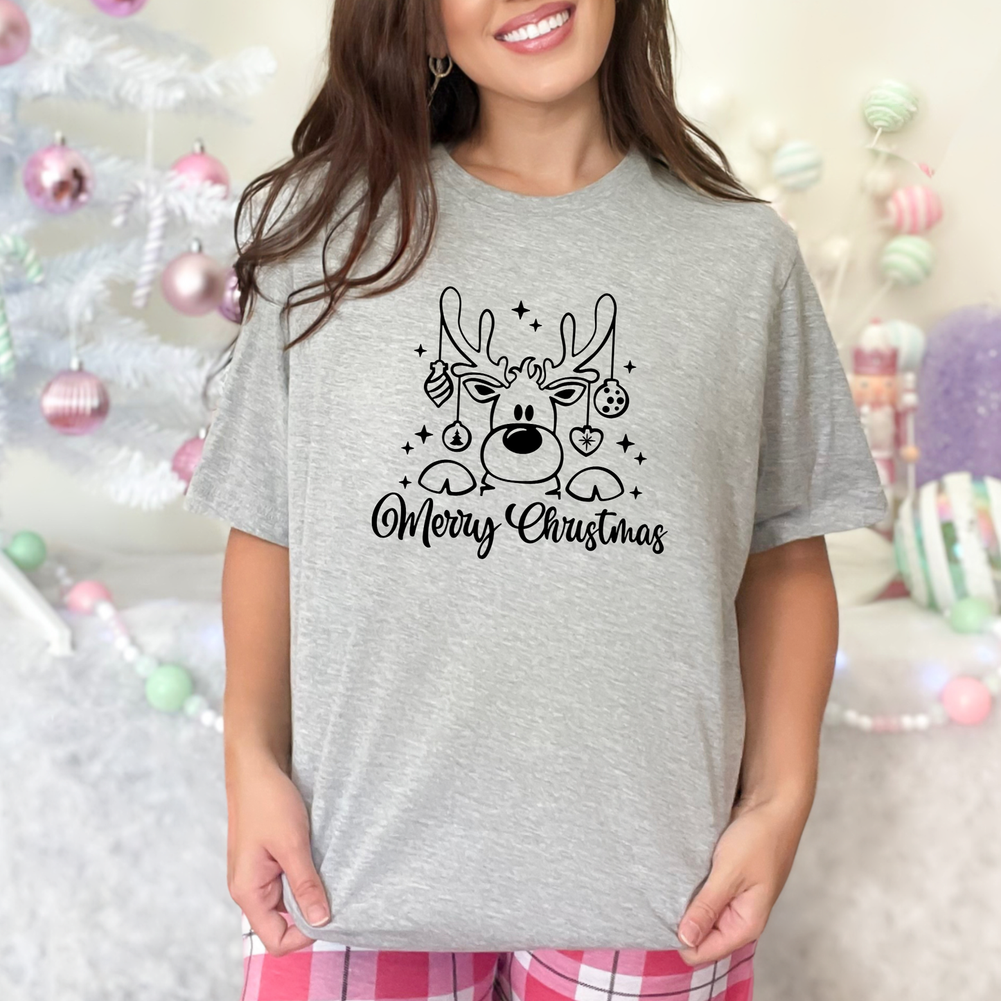 Wholesale Merry Christmas Reindeer Graphic Tee - Grey Tee