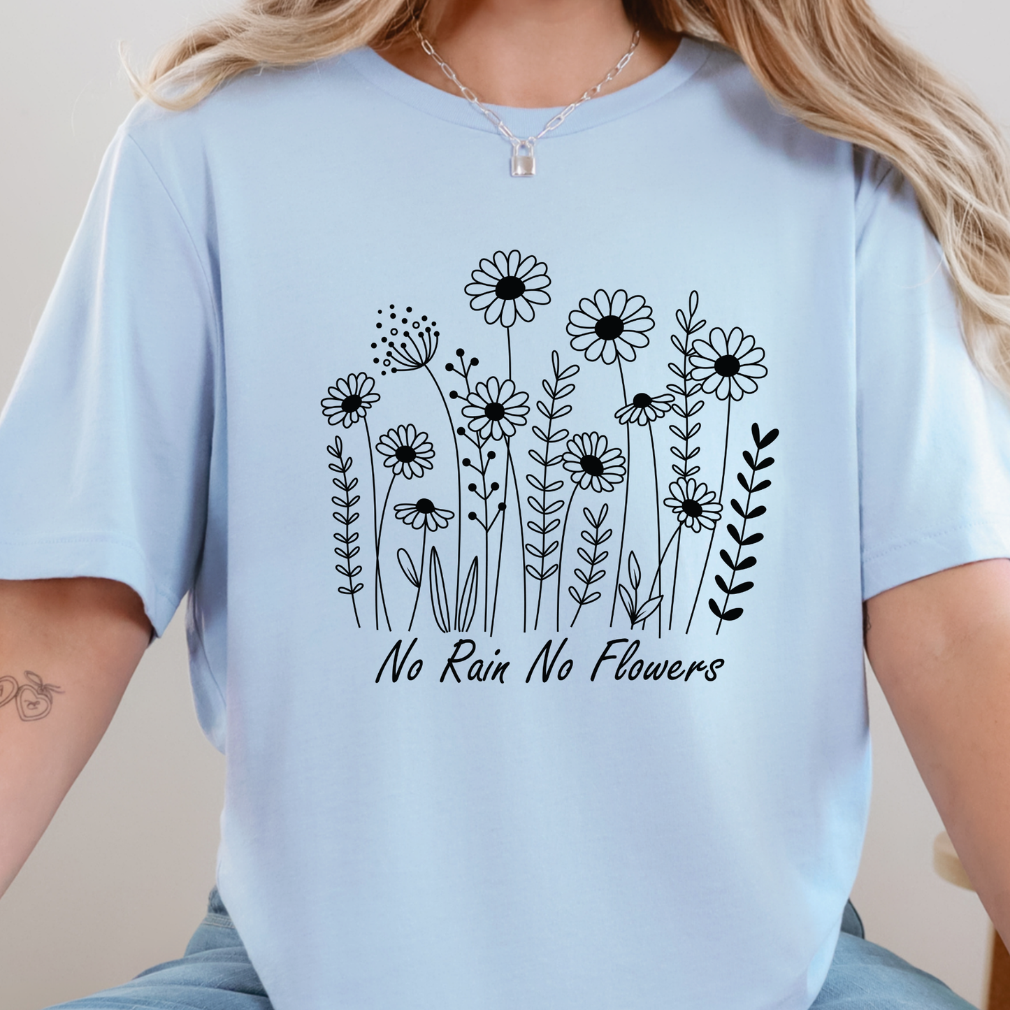 Wholesale No Rain No Flowers Graphic Tee - Baby Blue Tee