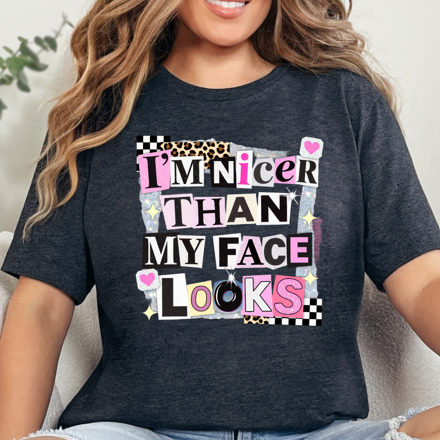 Wholesale I'm Nicer Than My Face Graphic Tee - Dark Grey Heather Tee