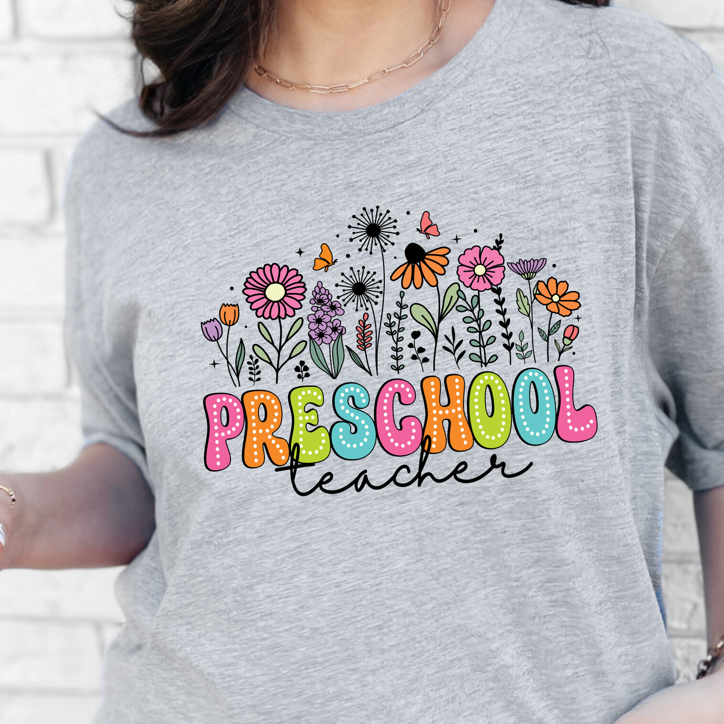 Wholesale Preschool Teacher Floral Graphic Tee - Grey Tee