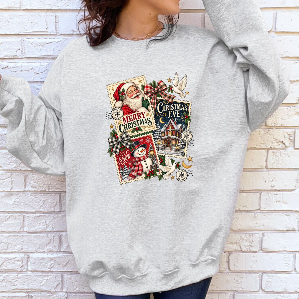 Wholesale Vintage Christmas Postcard Collage Graphic Sweatshirt - Ash