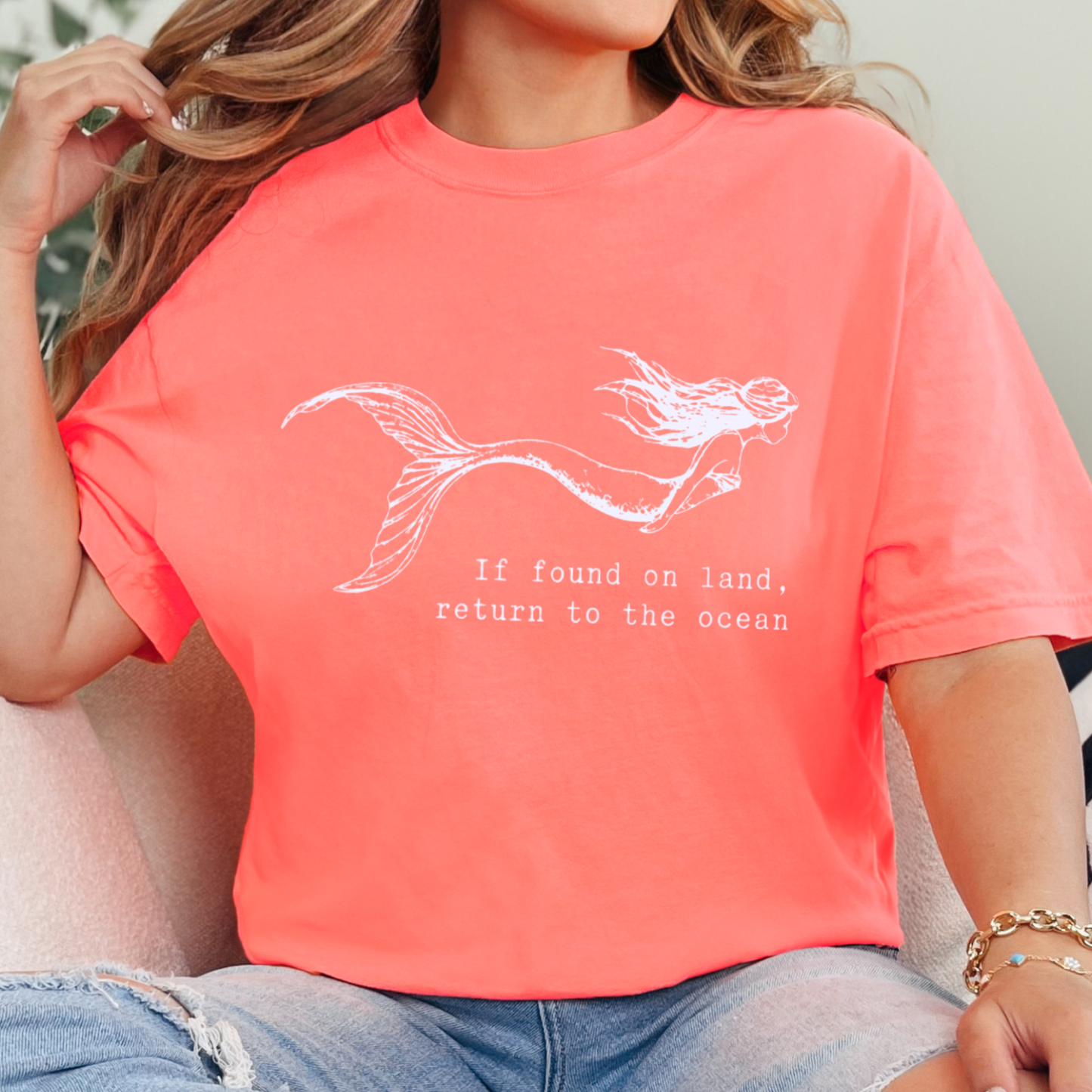 Wholesale Mermaid Return to Ocean Graphic Tee - Neon Red Orange