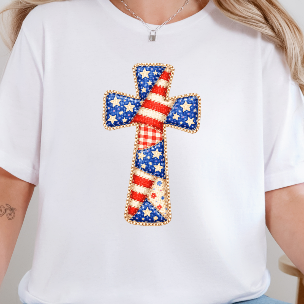 Wholesale Patriotic Patchwork Cross Graphic Tee - White Tee