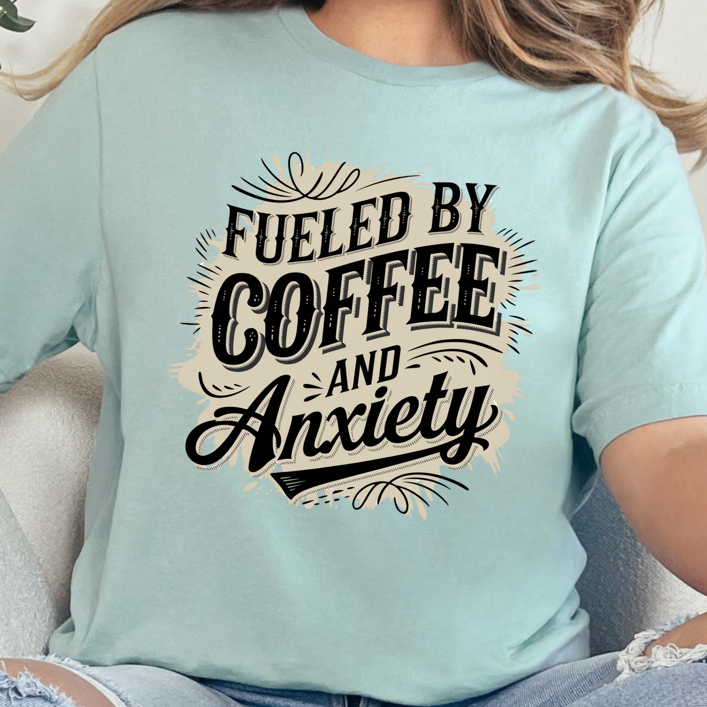 Wholesale Fueled By Coffee & Anxiety Graphic Tee - Dusty Blue Tee