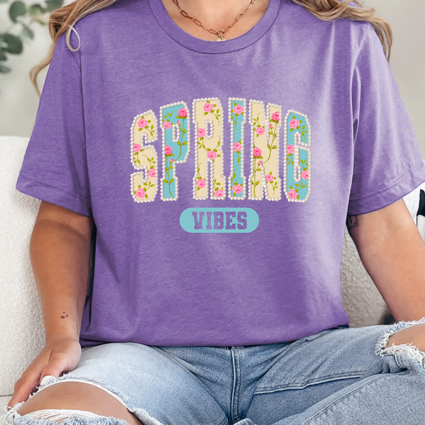Wholesale Faux Pearl Spring Vibes Graphic Tee - Heather Team Purple Tee
