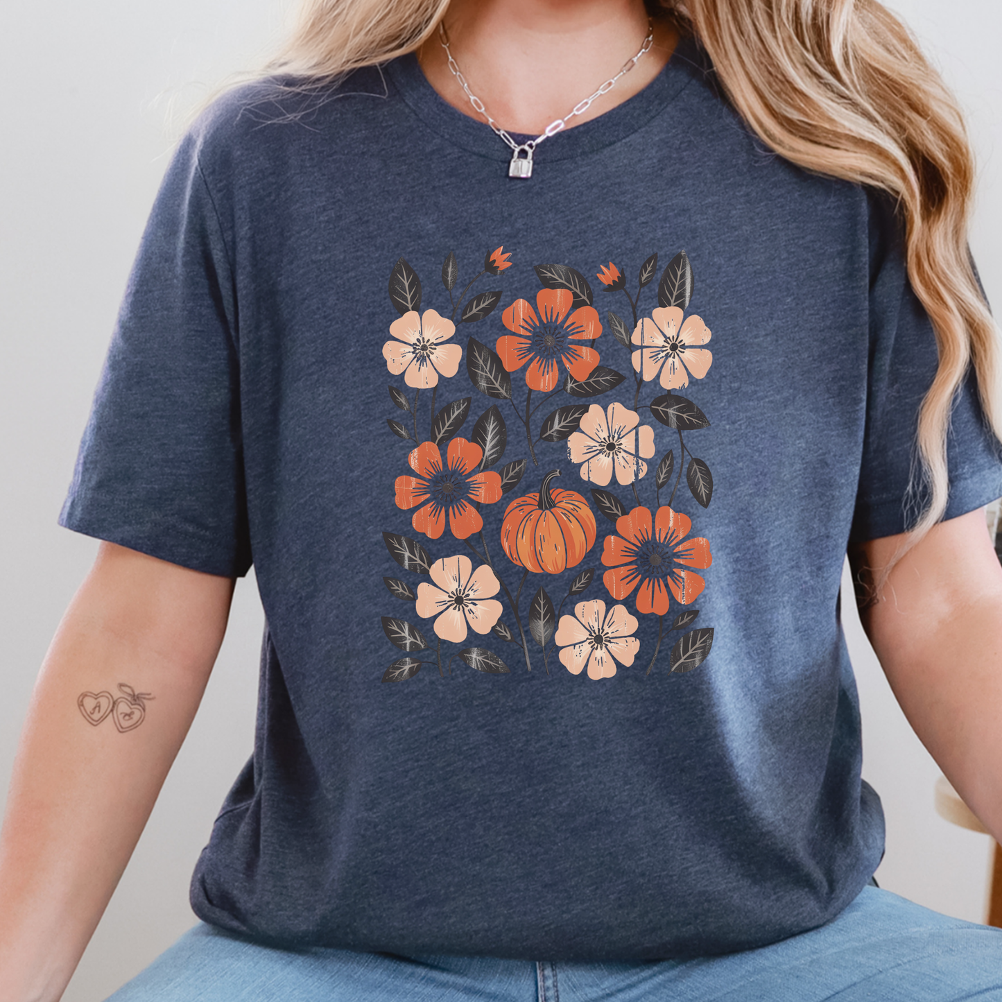 Wholesale Boho Floral Fall Graphic Tee - Heather Navy
