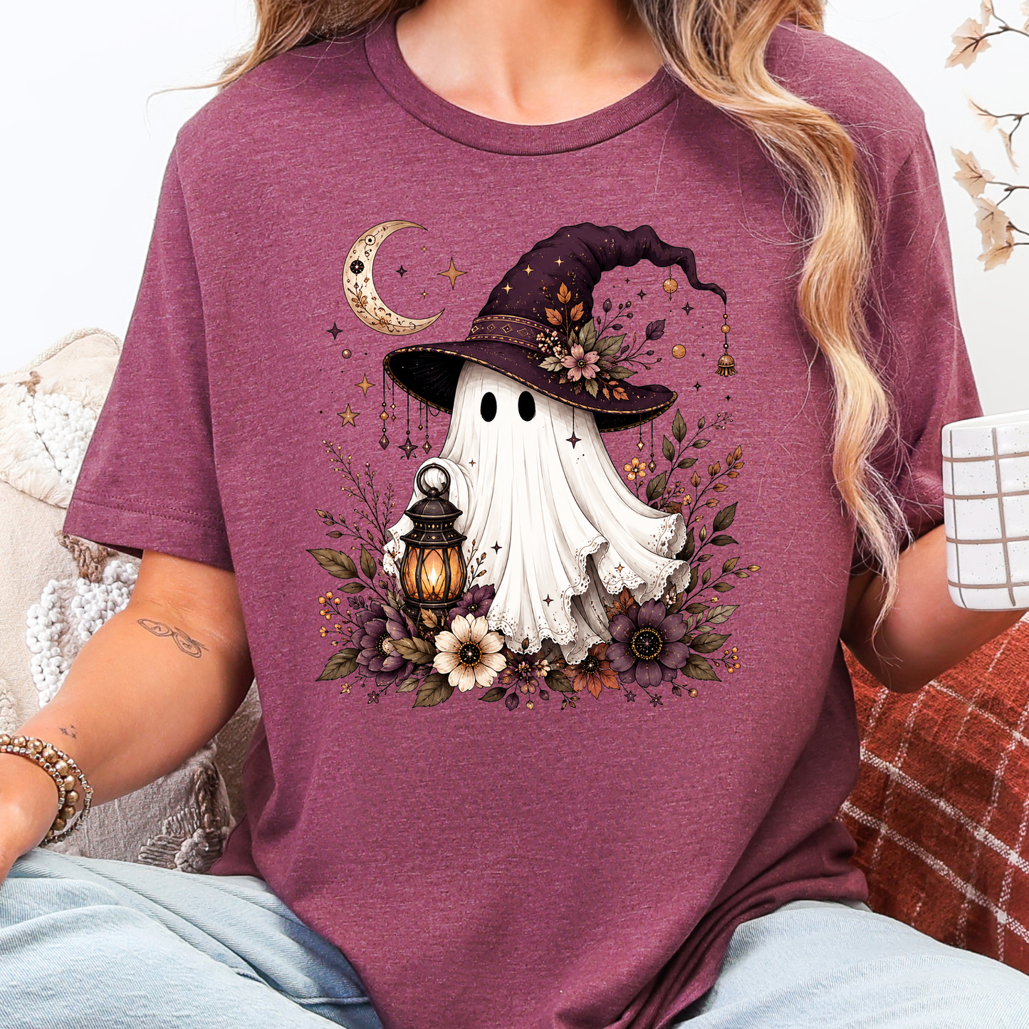 Wholesale Witch Hat Ghost Graphic Tee - Heather Maroon