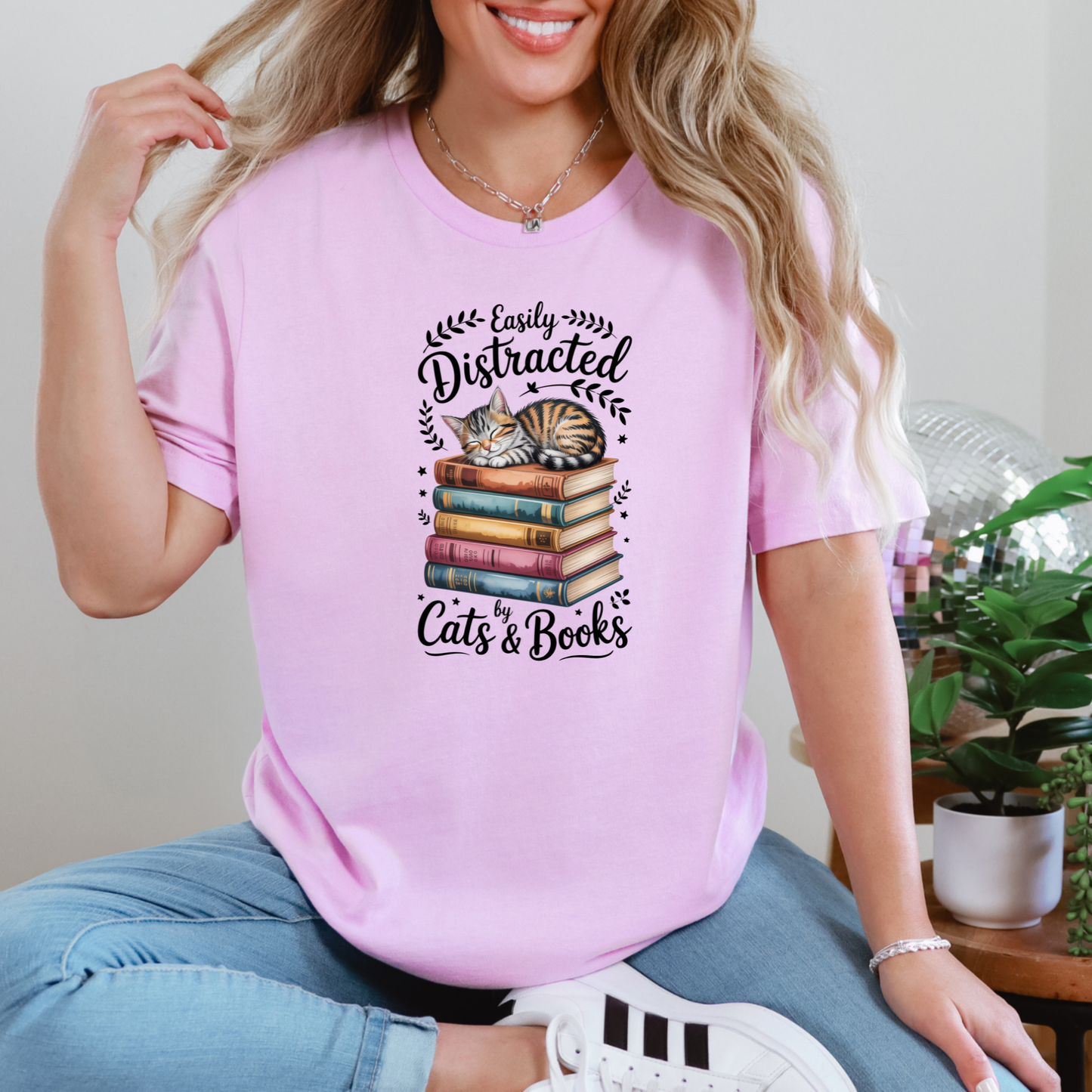 Wholesale Easily Distracted by Cats & Books Graphic Tee - Lilac Tee
