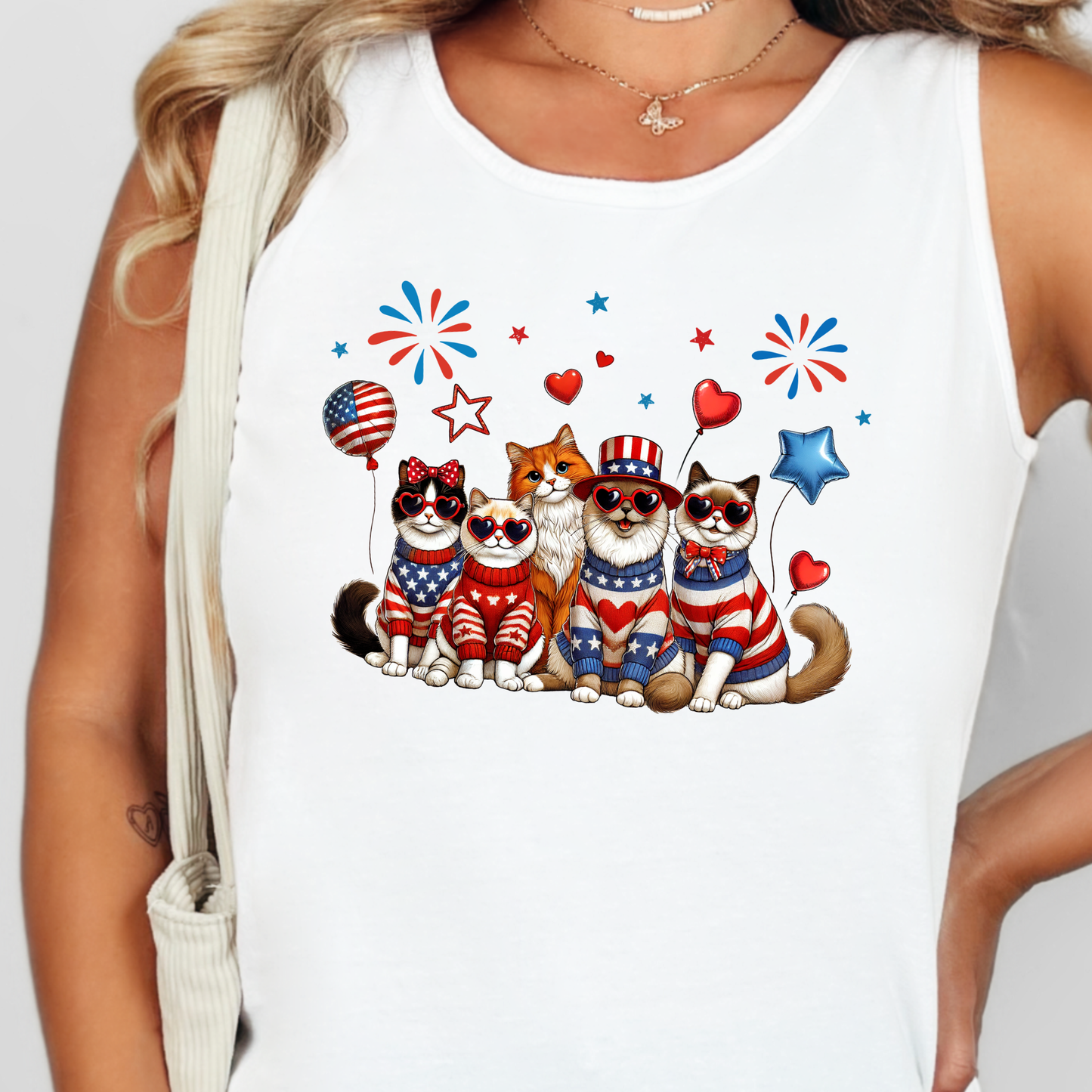 Wholesale Cats Patriotic Graphic Tee - CC White Tank Top