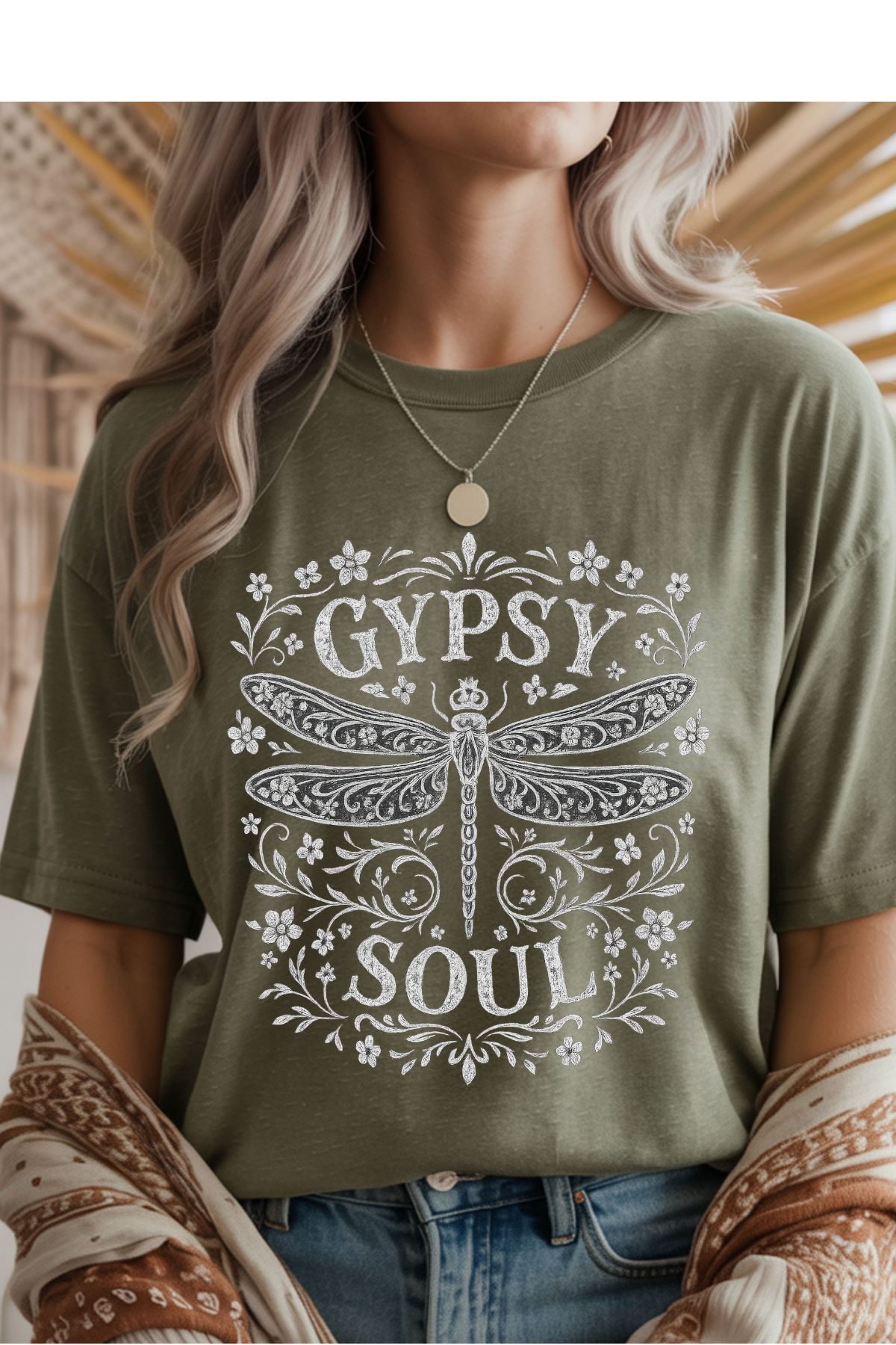 Wholesale Indigo - Gypsy Soul #6 - Heather Military Green Gildan Tee