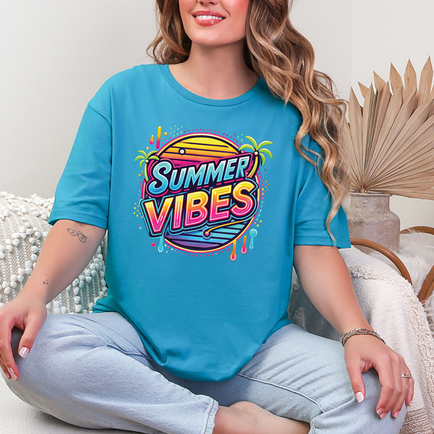 Wholesale Neon Summer Nights 9 Graphic Tee - Tropical Blue Tee