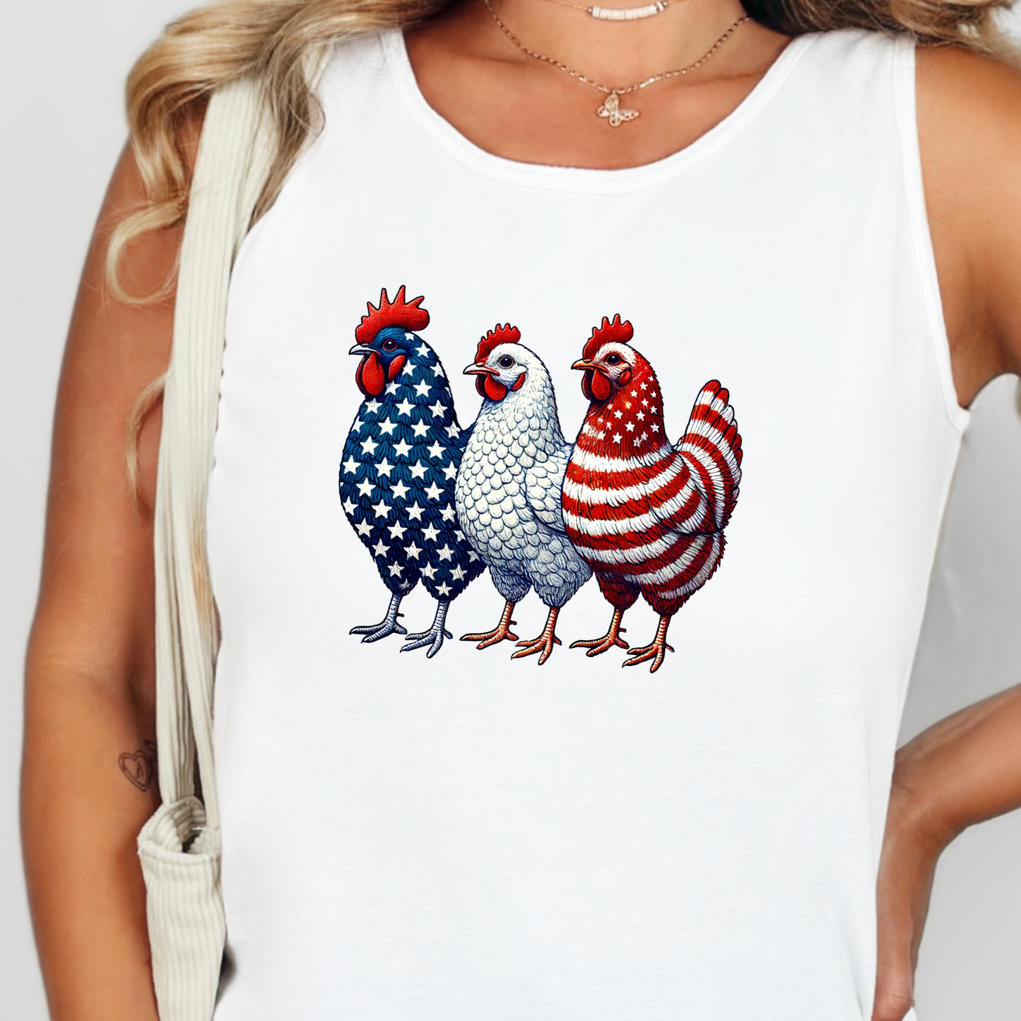 Wholesale Patriotic Chickens Graphic Tee - CC White Tank Top