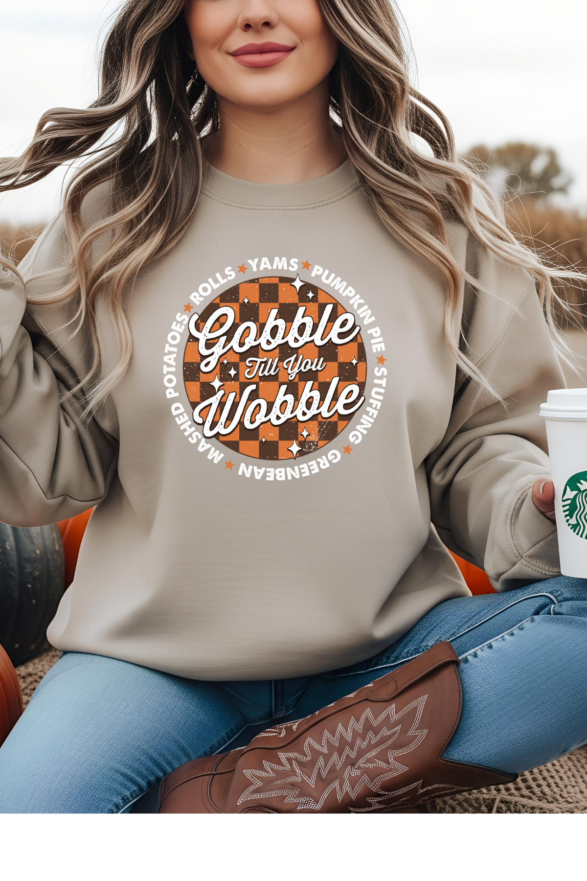 Wholesale Golden Hour - Gobble Til You Wobble #6 - Sand Gildan Sweatshirt