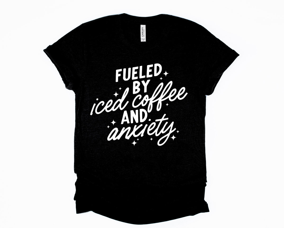 Wholesale Iced Coffee And Anxiety VNECK Graphic Tee - black Vneck