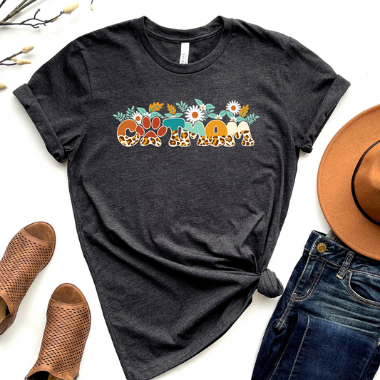 Wholesale Leopard Floral Collection Cat Mom Graphic Tee - Heather Charcoal Tee