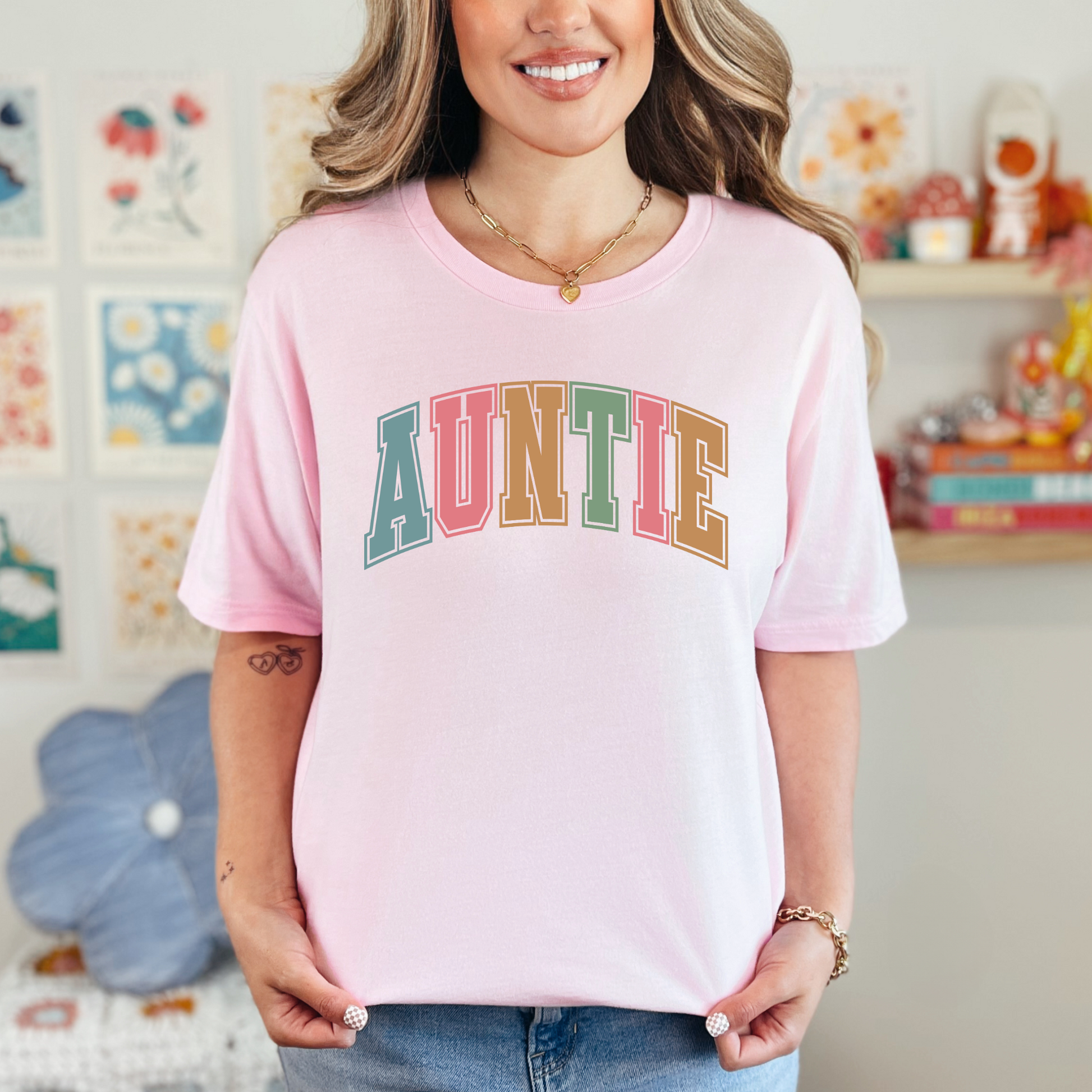 Wholesale Varsity Auntie Graphic Tee - Pink Tee