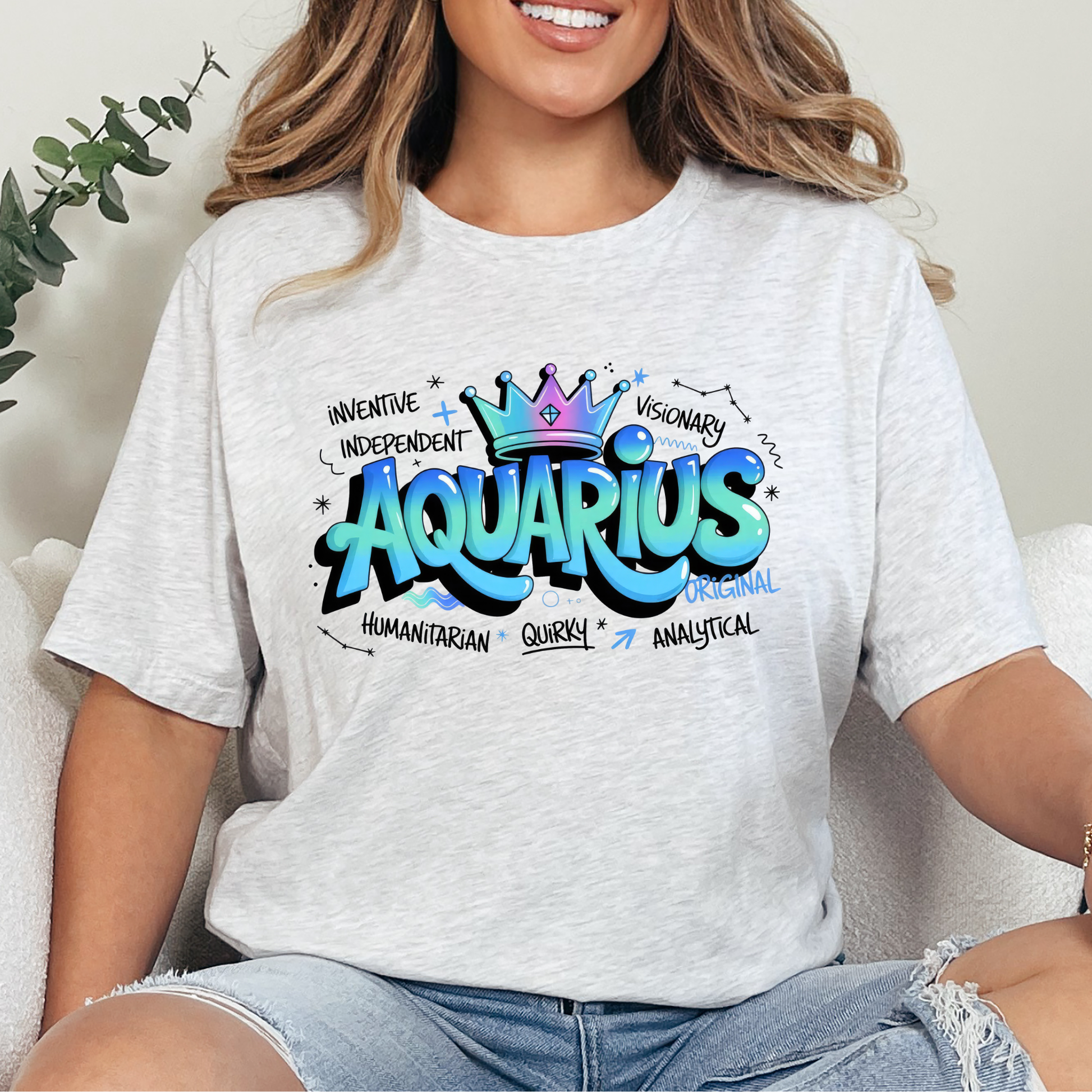 Wholesale Zodiac Signs Graffiti Graphic Tee - Aquarius - Ash Tee