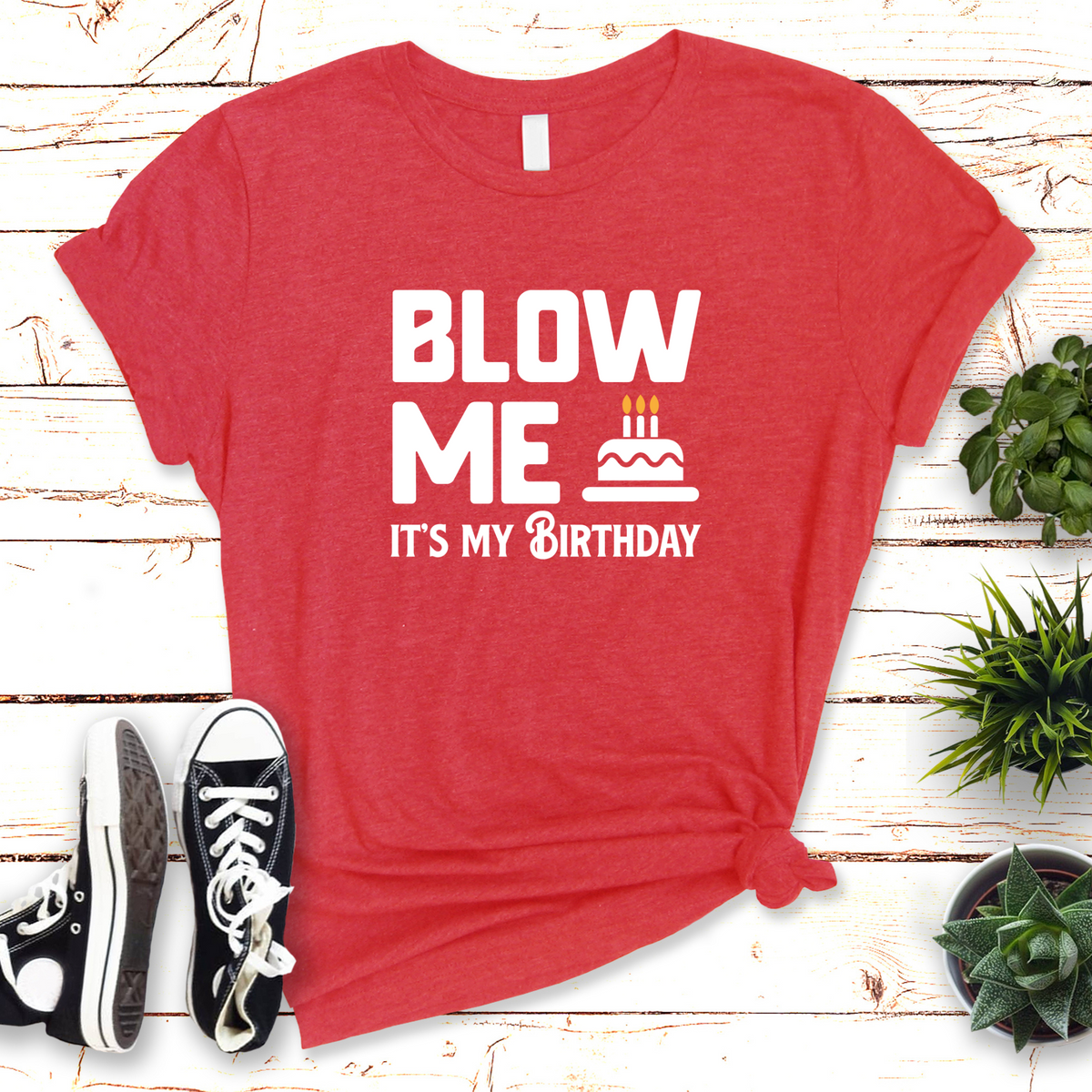 Wholesale Blow me birthday Graphic Tee - Heather Red Tee
