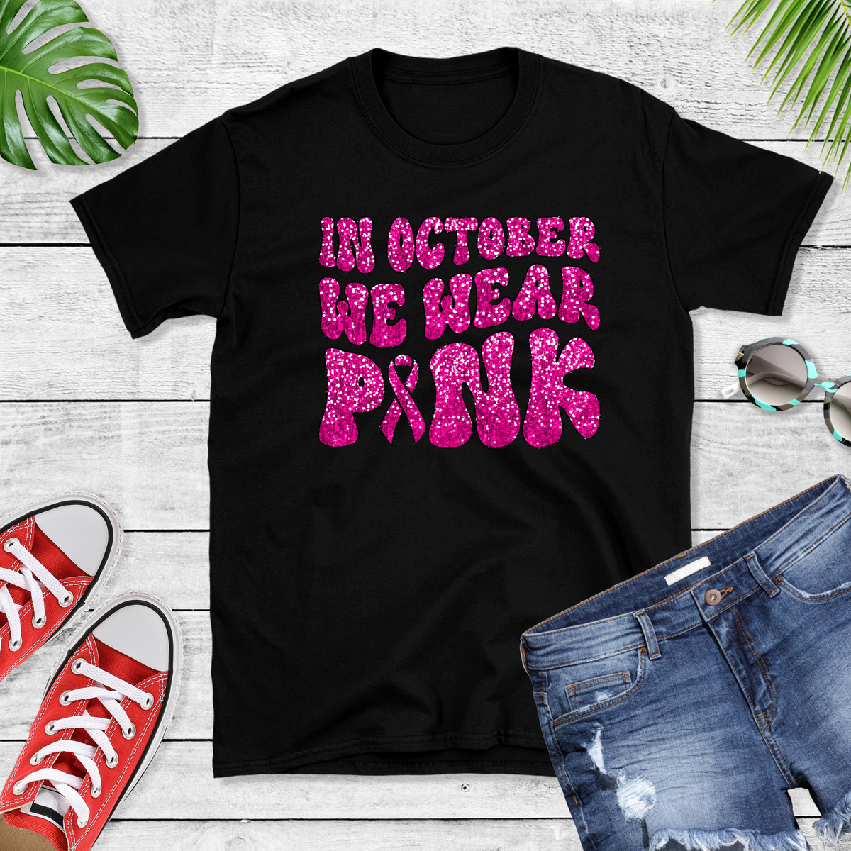 Wholesale We wear Pink Bling Graphic Tee - Black Tee