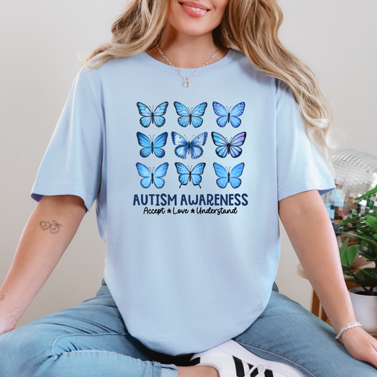 Wholesale Autism Butterfly Graphic Tee - Baby Blue Tee