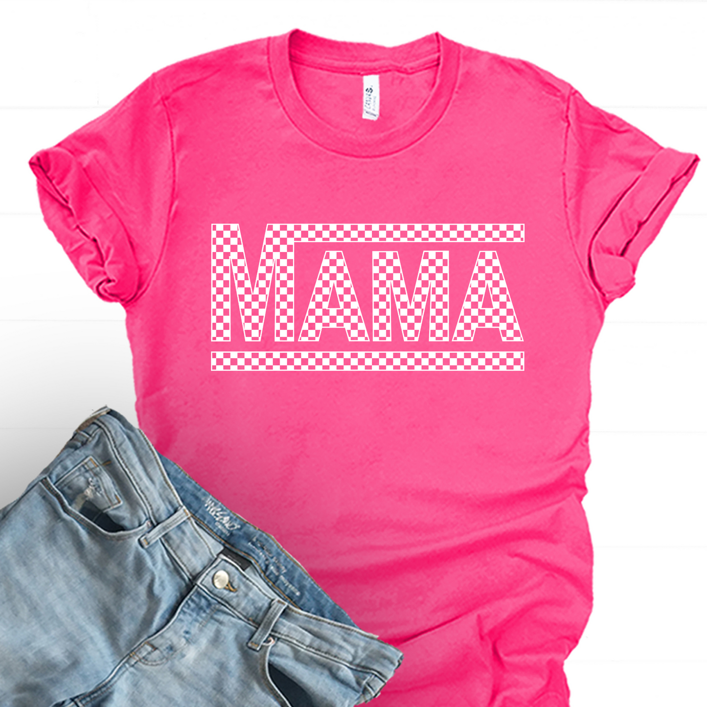 Wholesale Checkered Mama Graphic Tee - Fuchsia Tee