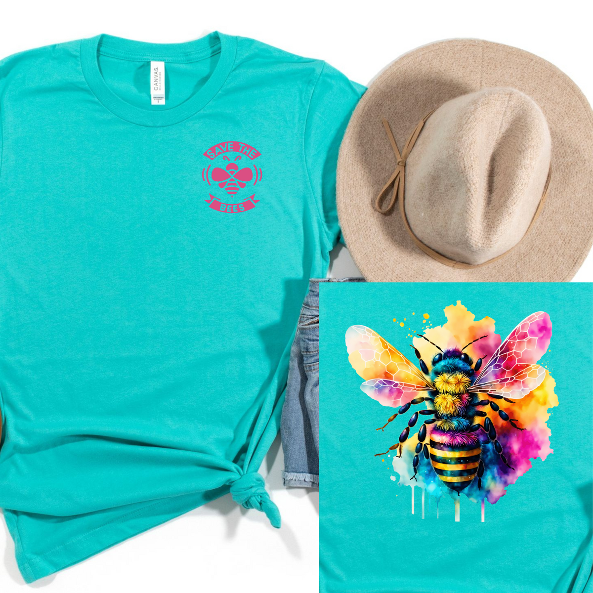 Wholesale Watercolor Save the bees Graphic Tee - Teal Tee