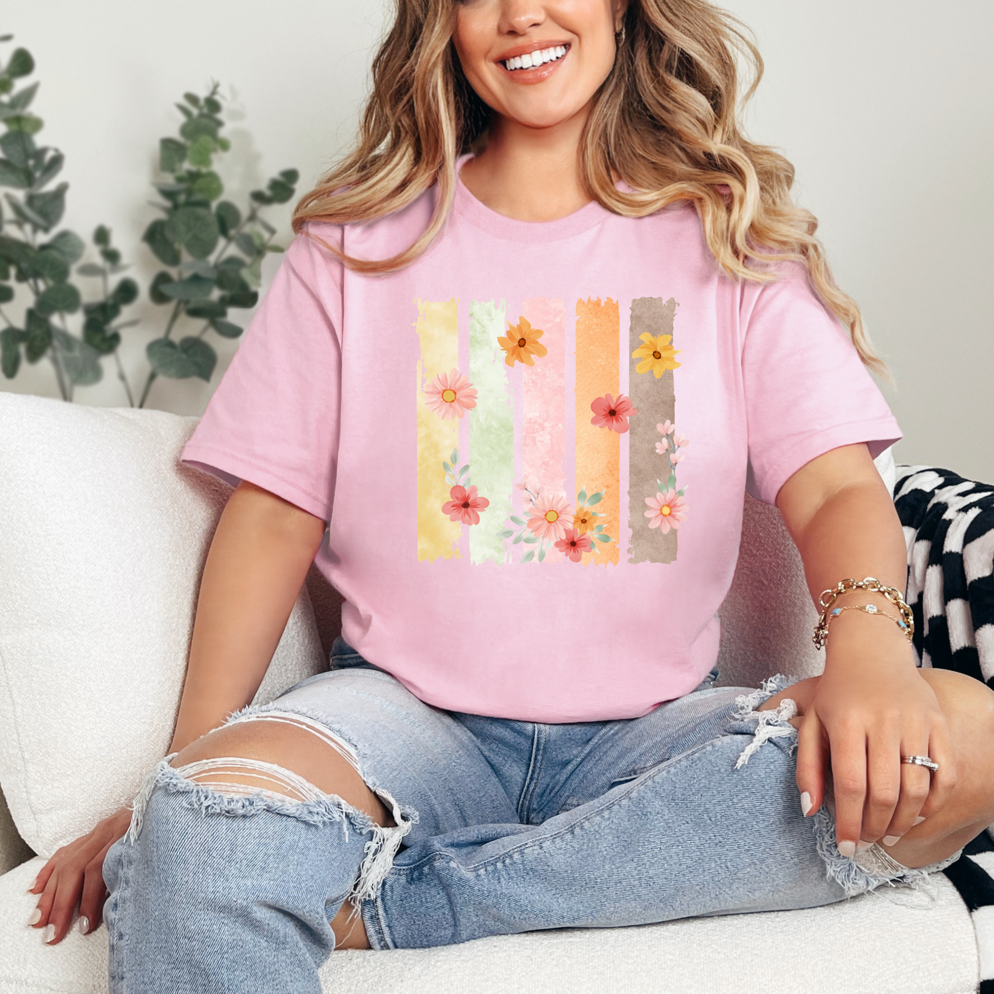Wholesale Brushstroke Spring Floral Graphic Tee - Pink Tee