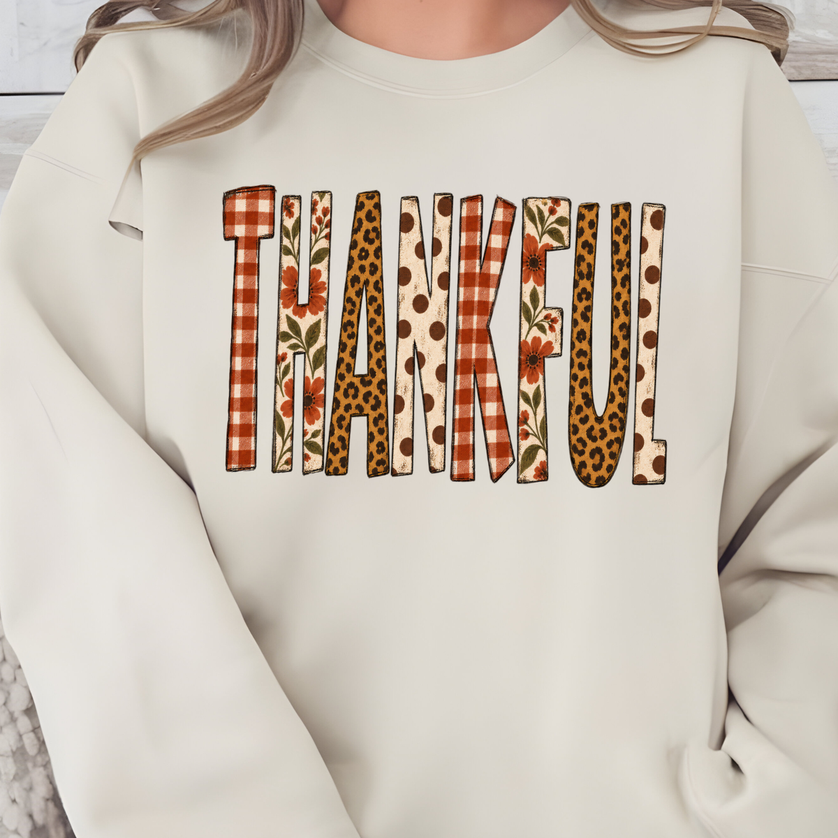 Wholesale Patchwork Thankful Graphic Sweatshirt - Sand