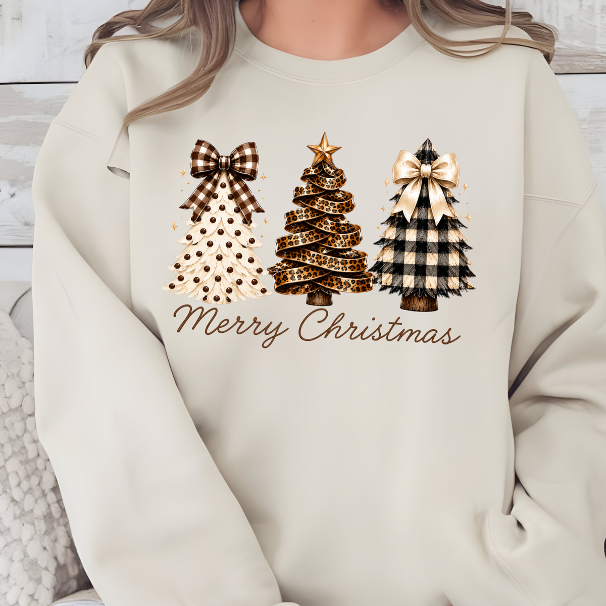 Wholesale Rustic Plaid Christmas Trees Graphic Sweatshirt - Sand