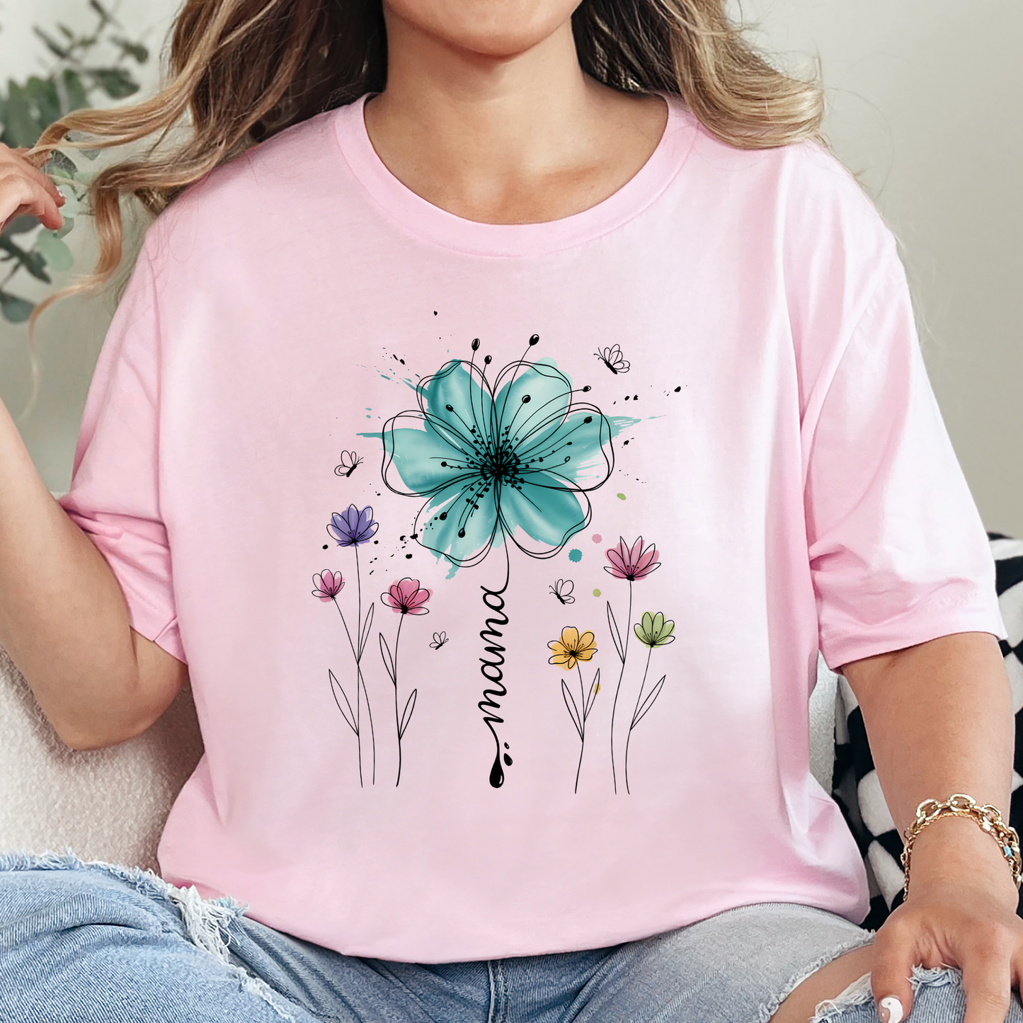 Wholesale Boho Floral Mama Graphic Tee - Soft Pink Tee