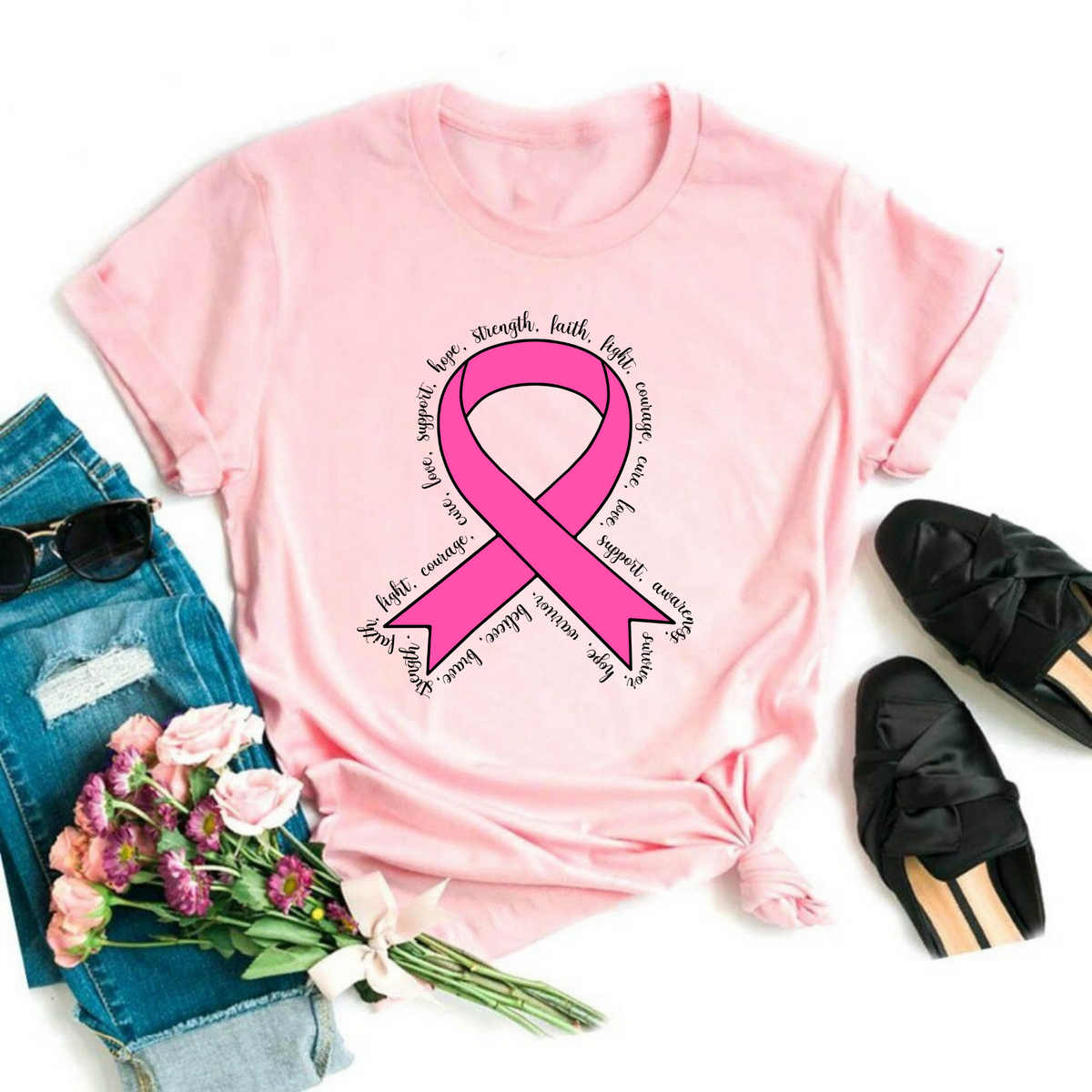 Wholesale Breast Cancer Ribbon Graphic Tee - Pink Tee