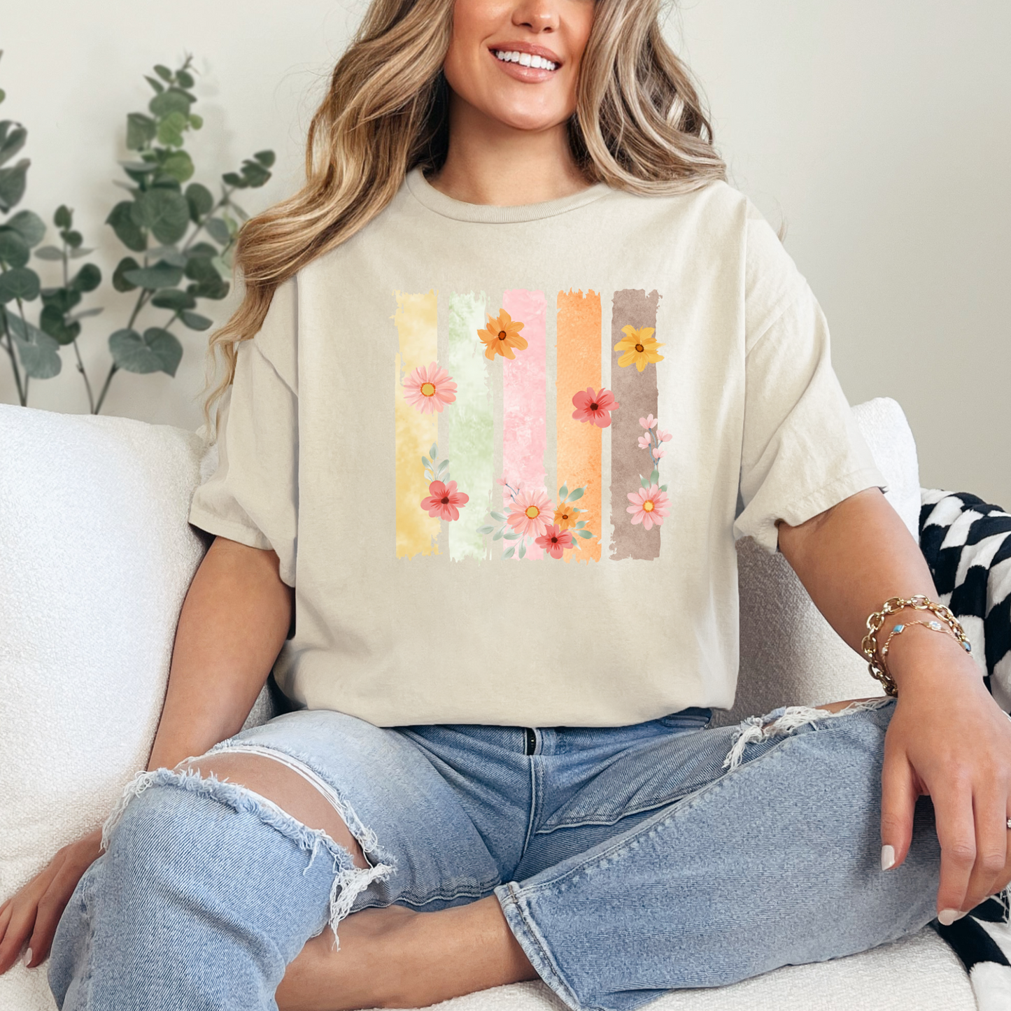 Wholesale Brushstroke Spring Floral Graphic Tee - Heather Dust Tee
