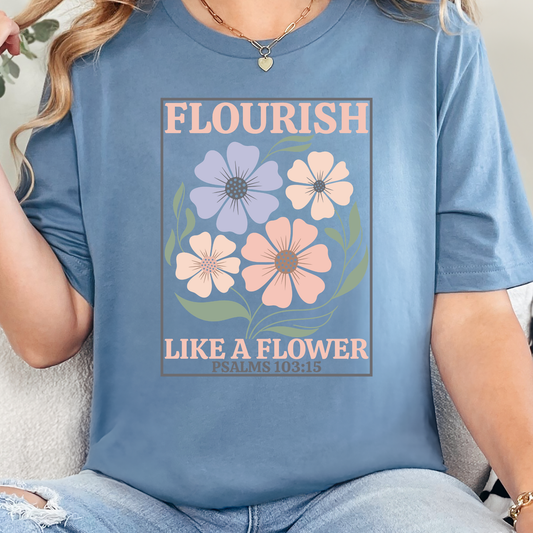 Wholesale Flourish Like a Flower Graphic Tee - Steel Blue Tee