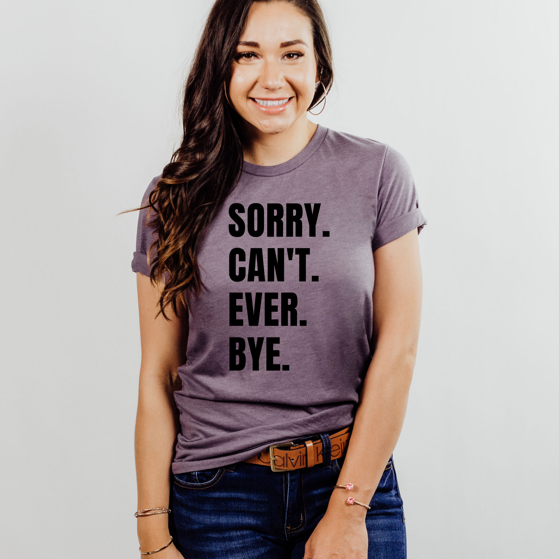 Wholesale Sorry. Can't. Ever. Bye. Graphic Tee - Heathered Purple