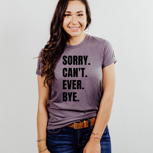 Wholesale Sorry. Can't. Ever. Bye. Graphic Tee - Heathered Purple