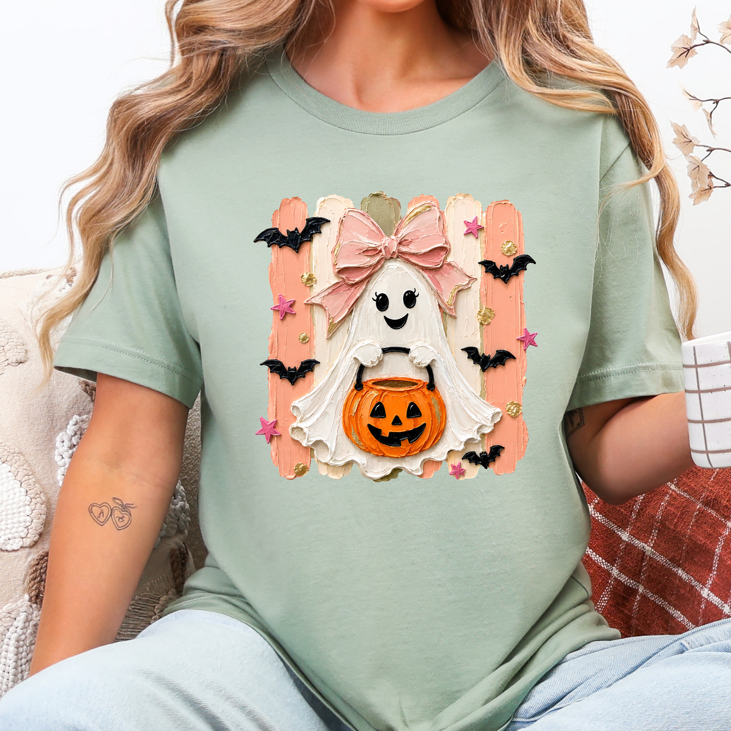 Wholesale Brushstroke Halloween Ghost Graphic Tee - Sage