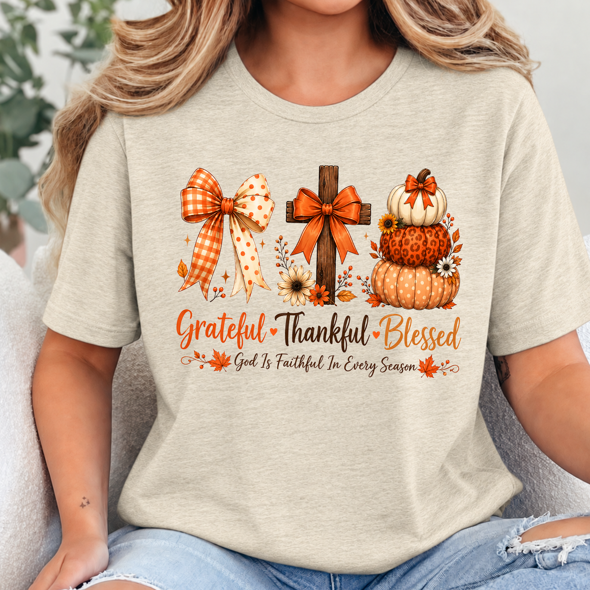 Wholesale Grateful Thankful Blessed Graphic Tee - Heather Soft Cream