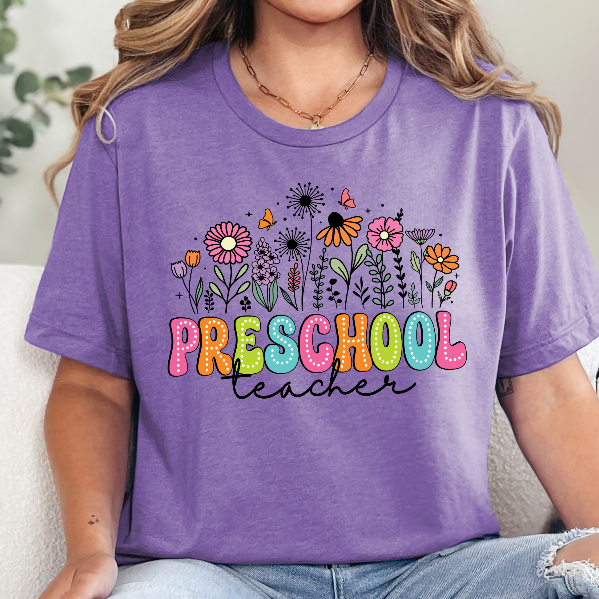 Wholesale Preschool Teacher Floral Graphic Tee - Heather Team Purple Tee