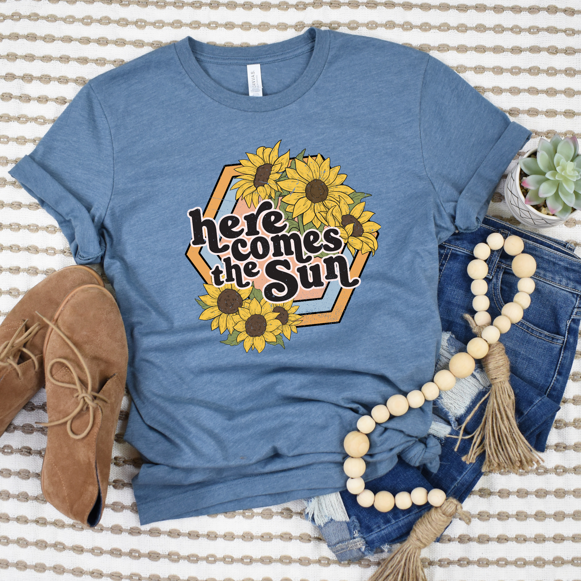 Wholesale Here comes the sunflower Graphic Tee - Heather Denim Tee