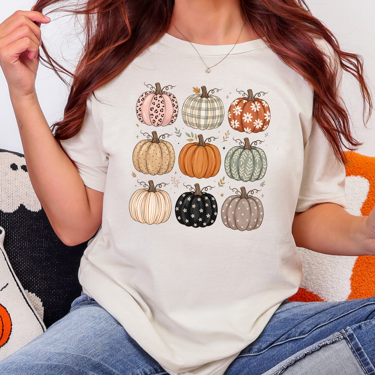 Wholesale Pumpkin Grid Graphic Tee - Natural