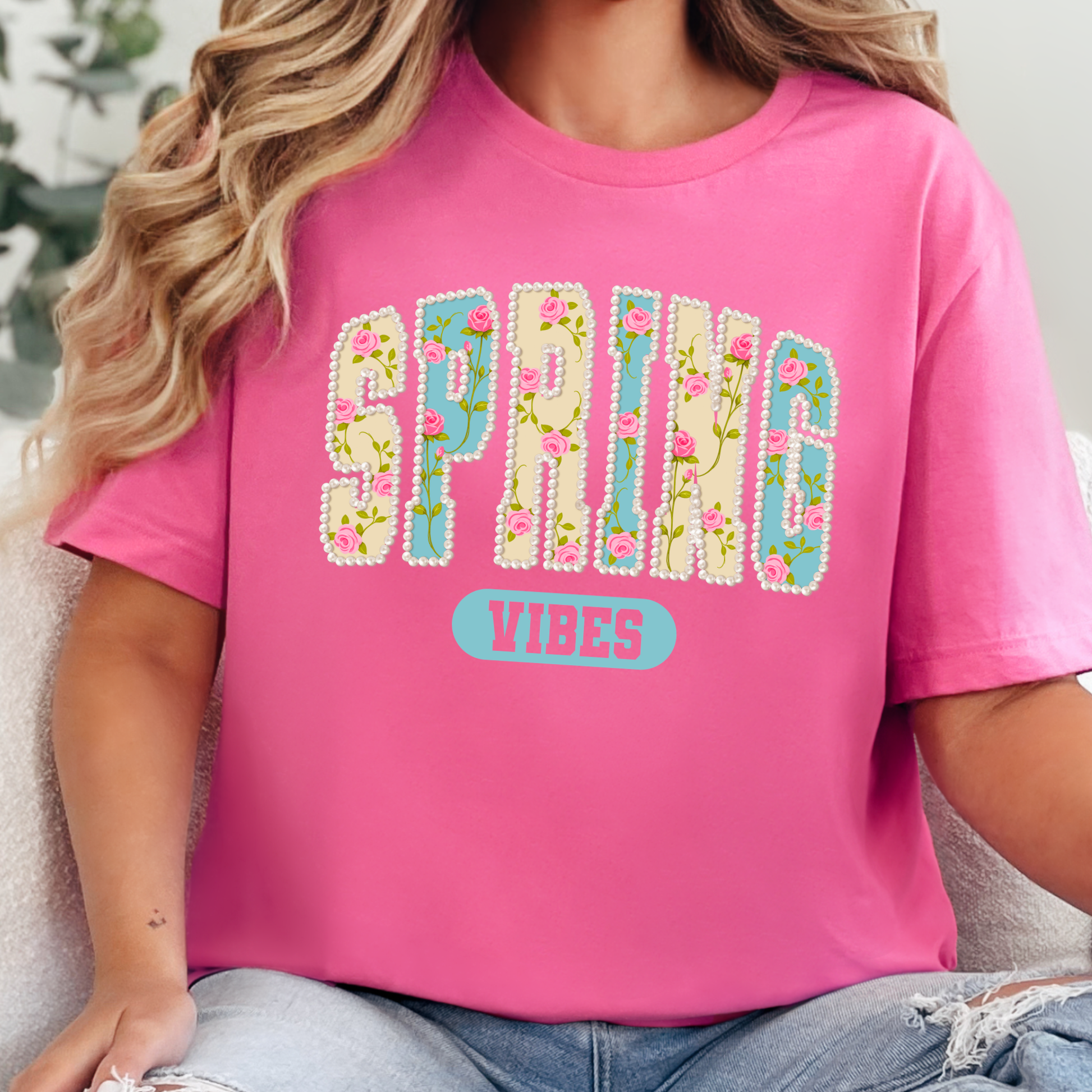 Wholesale Faux Pearl Spring Vibes Graphic Tee - Charity Pink Tee