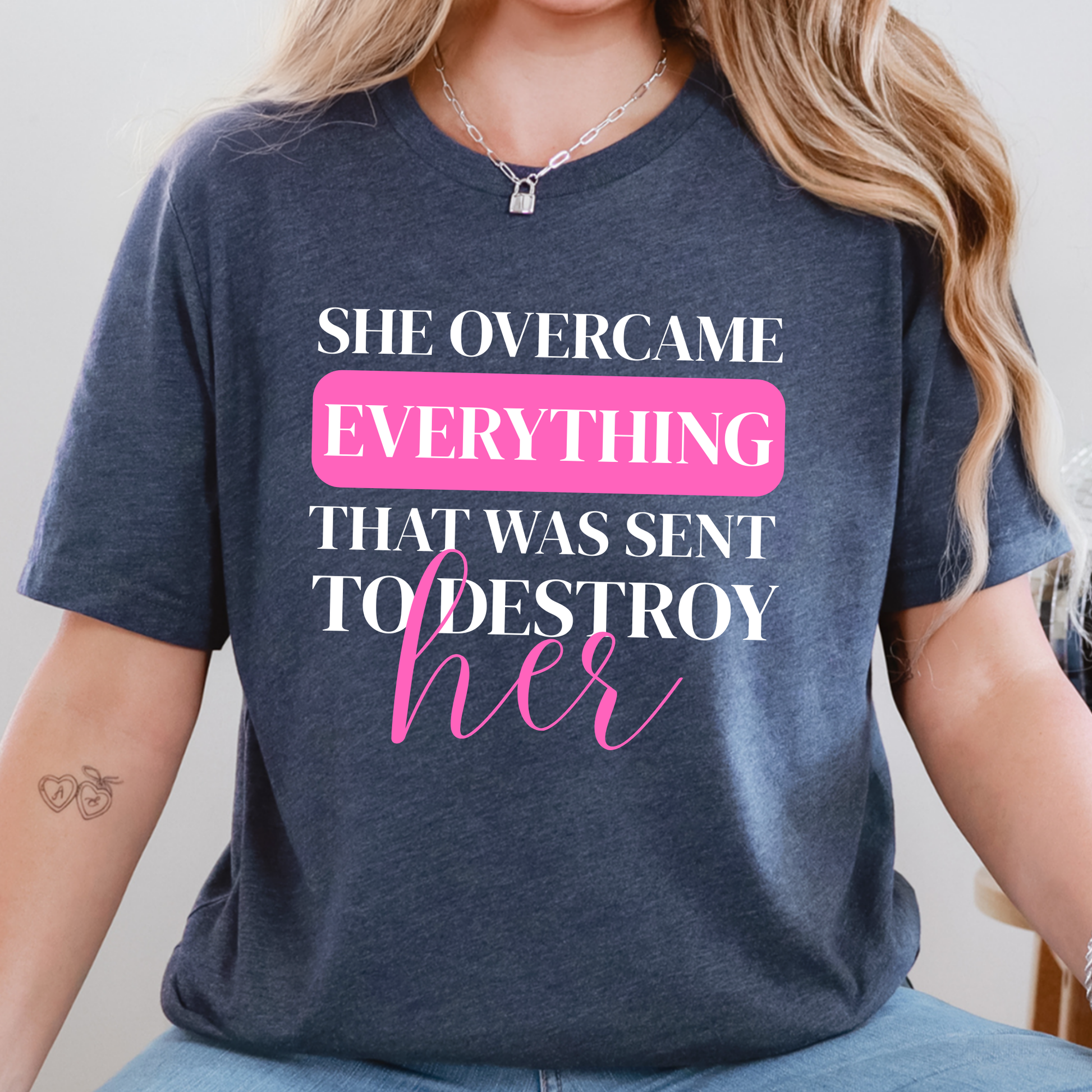 Wholesale She Overcame Everything Graphic Tee - Heather Navy Tee