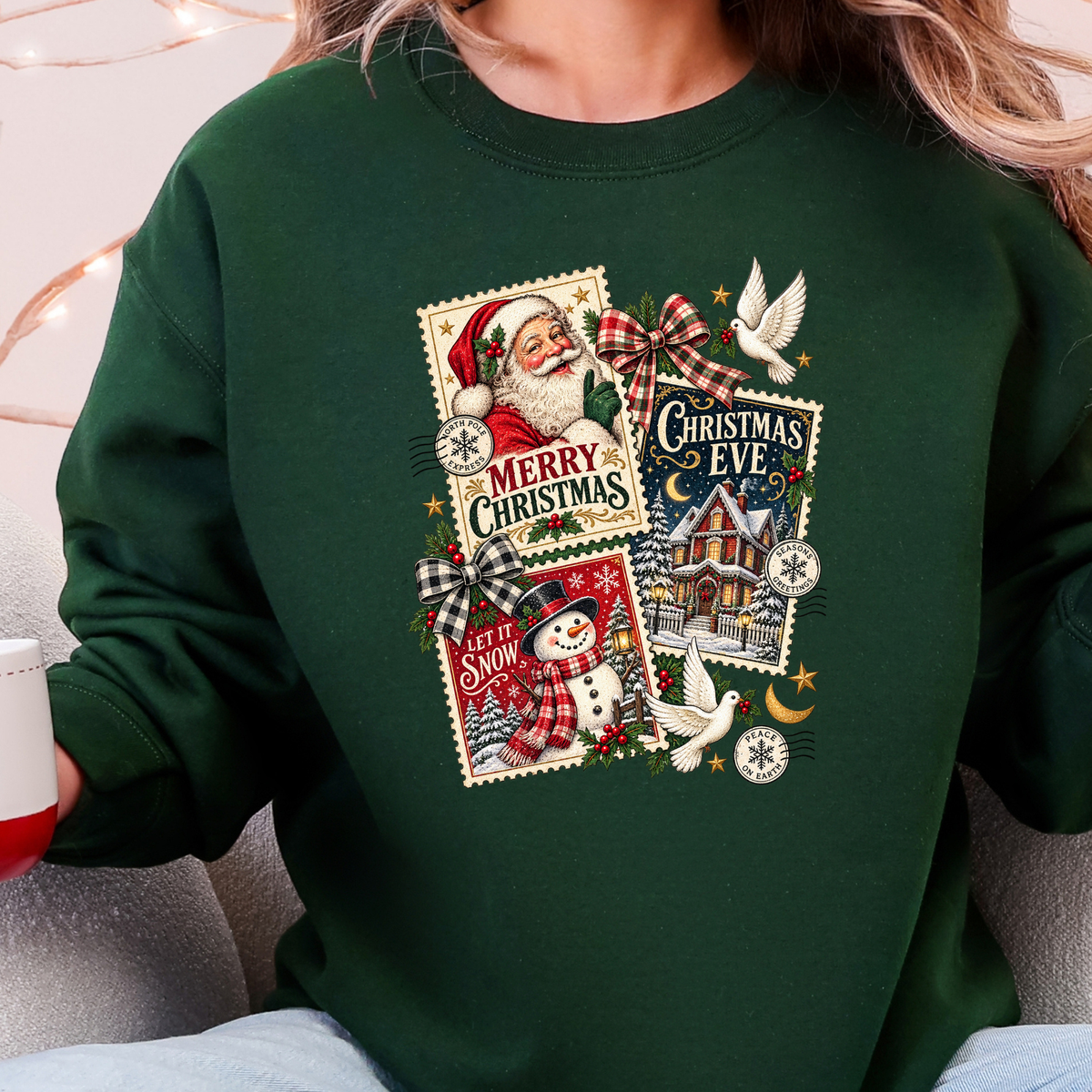 Wholesale Vintage Christmas Postcard Collage Graphic Sweatshirt - Forest