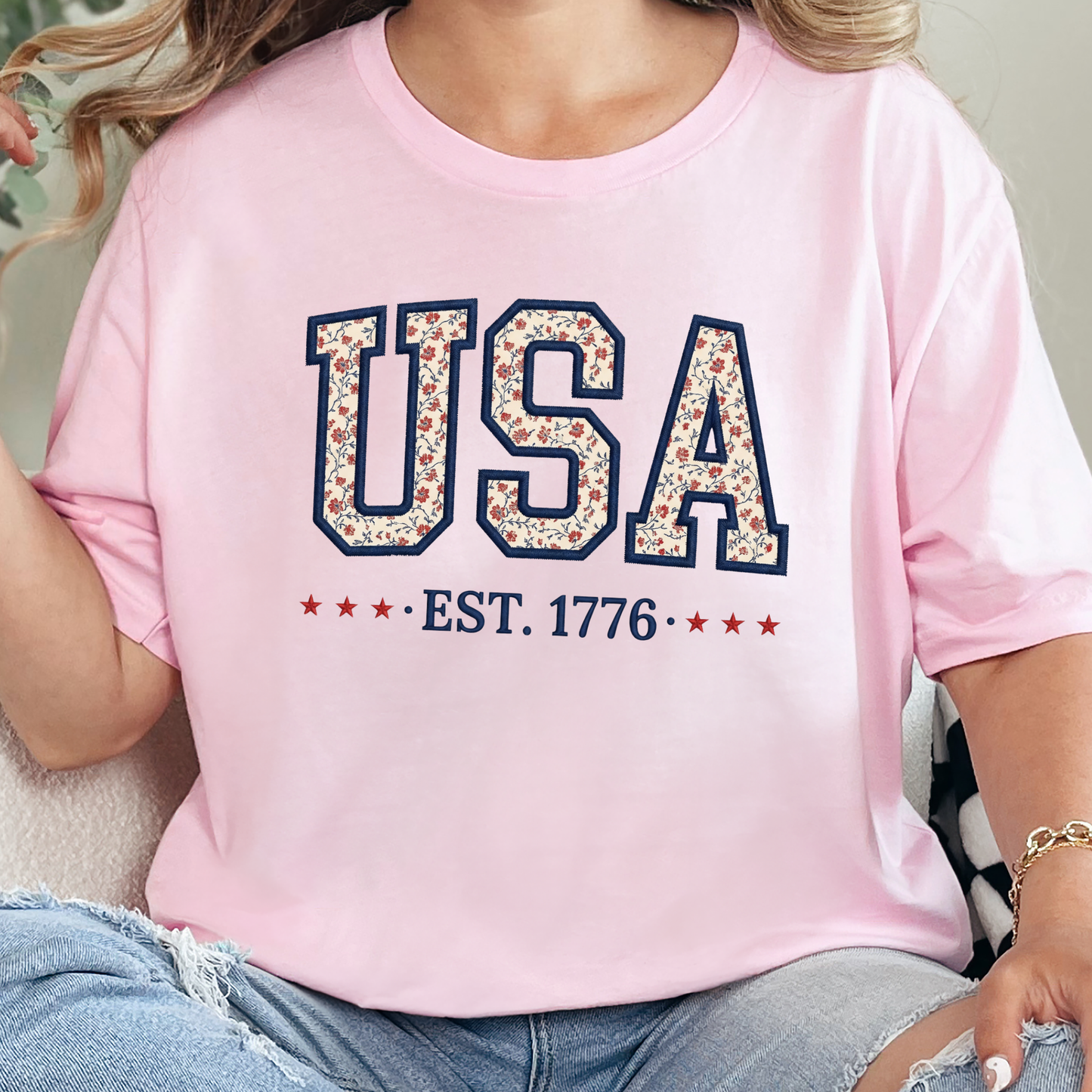Wholesale Floral USA Graphic Tee - Soft Pink Tee