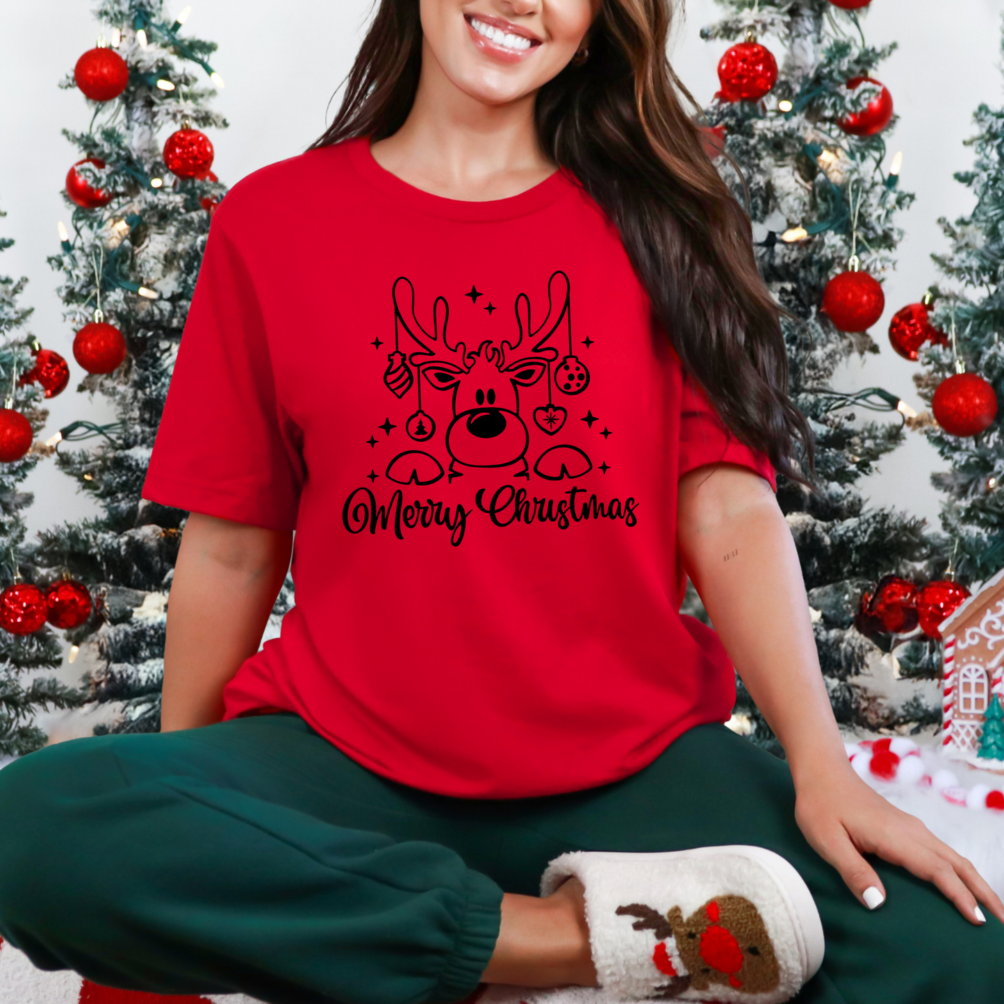 Wholesale Merry Christmas Reindeer Graphic Tee - Red Tee