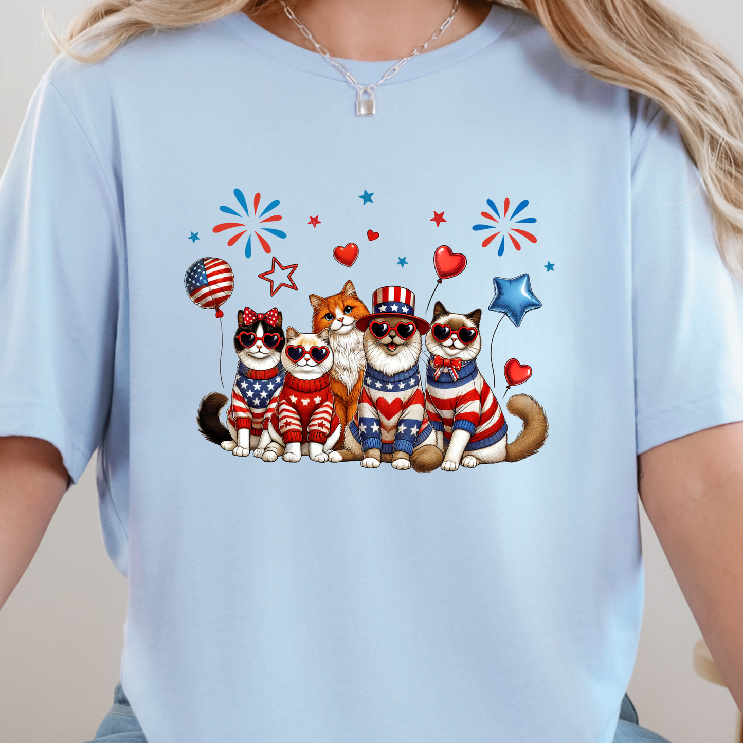 Wholesale Cats Patriotic Graphic Tee - Baby Blue Tee